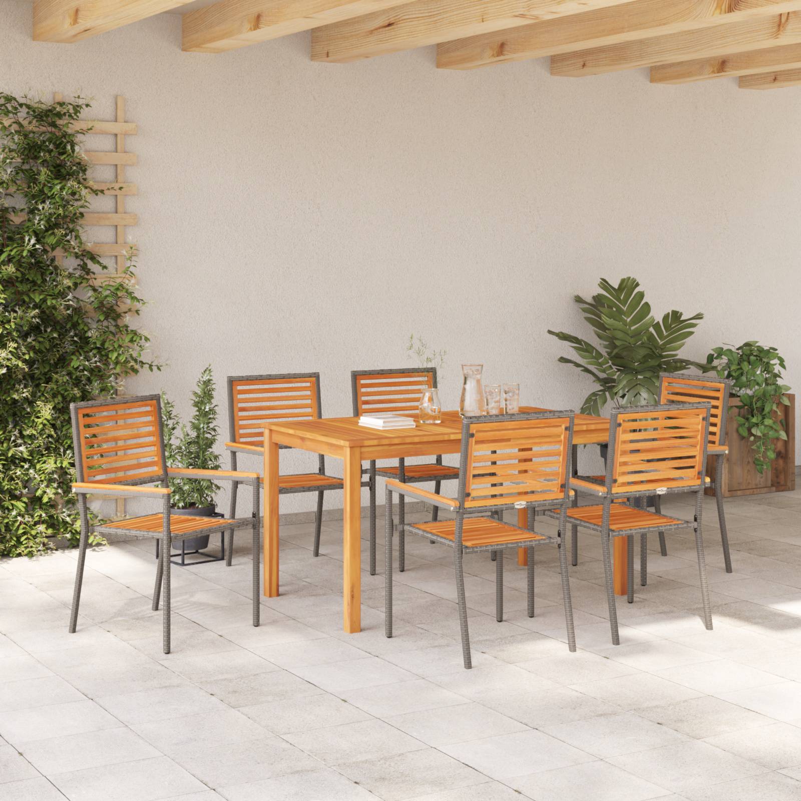 vidaXL 7-teiliges Garten-Esszimmer Set Grau Poly Rattan Akazie