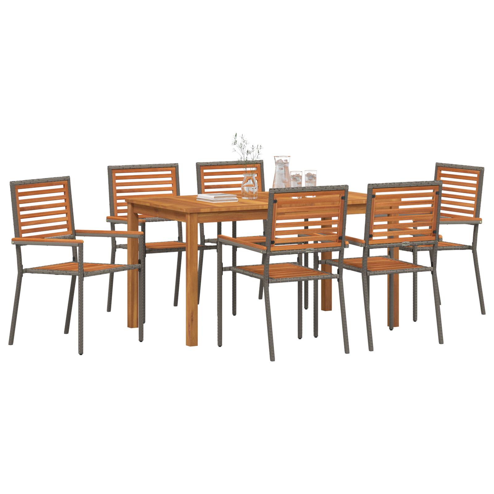 vidaXL 7-teiliges Garten-Esszimmer Set Grau Poly Rattan Akazie