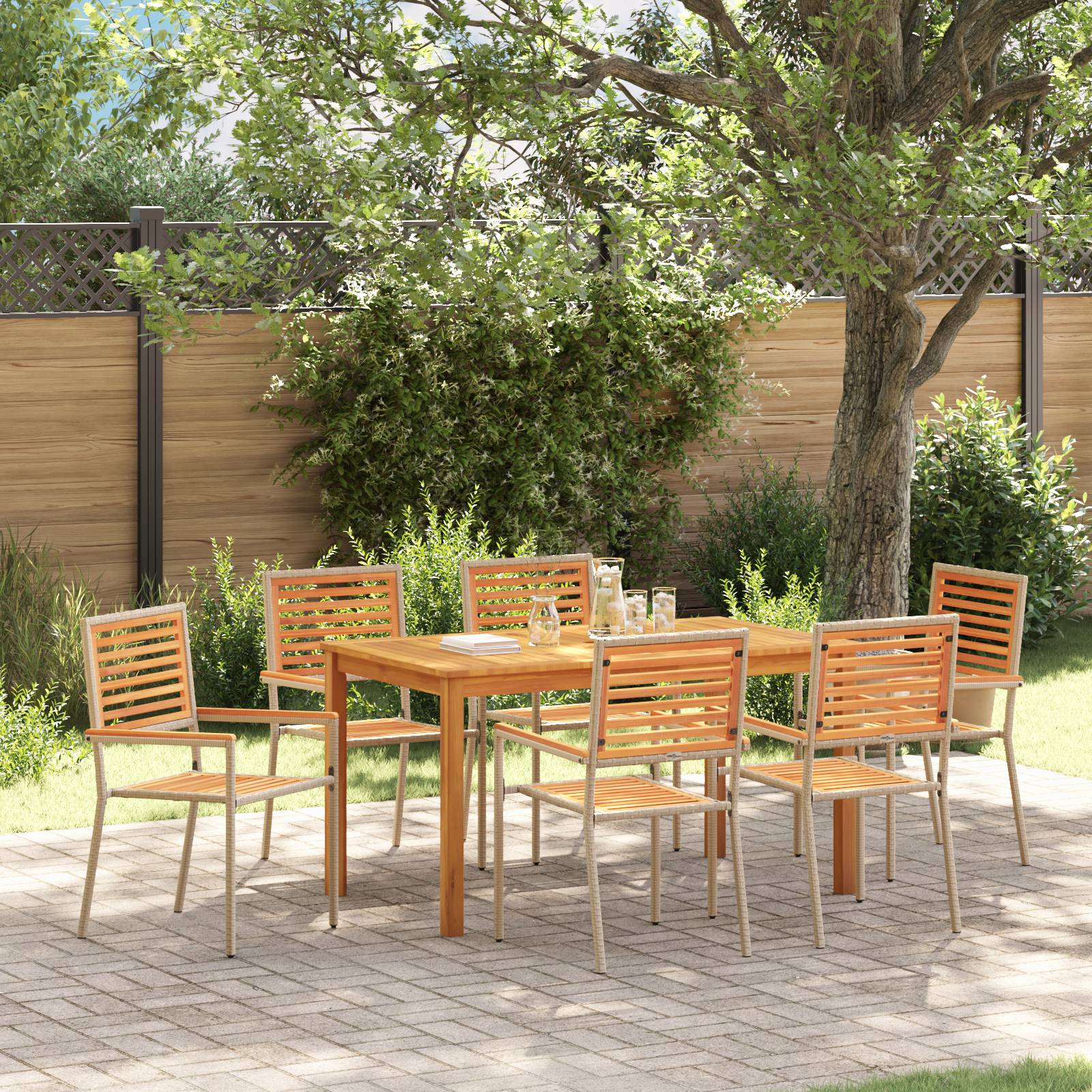 vidaXL 7-teilige Garten Essgruppe Beige Poly Rattan Akazie
