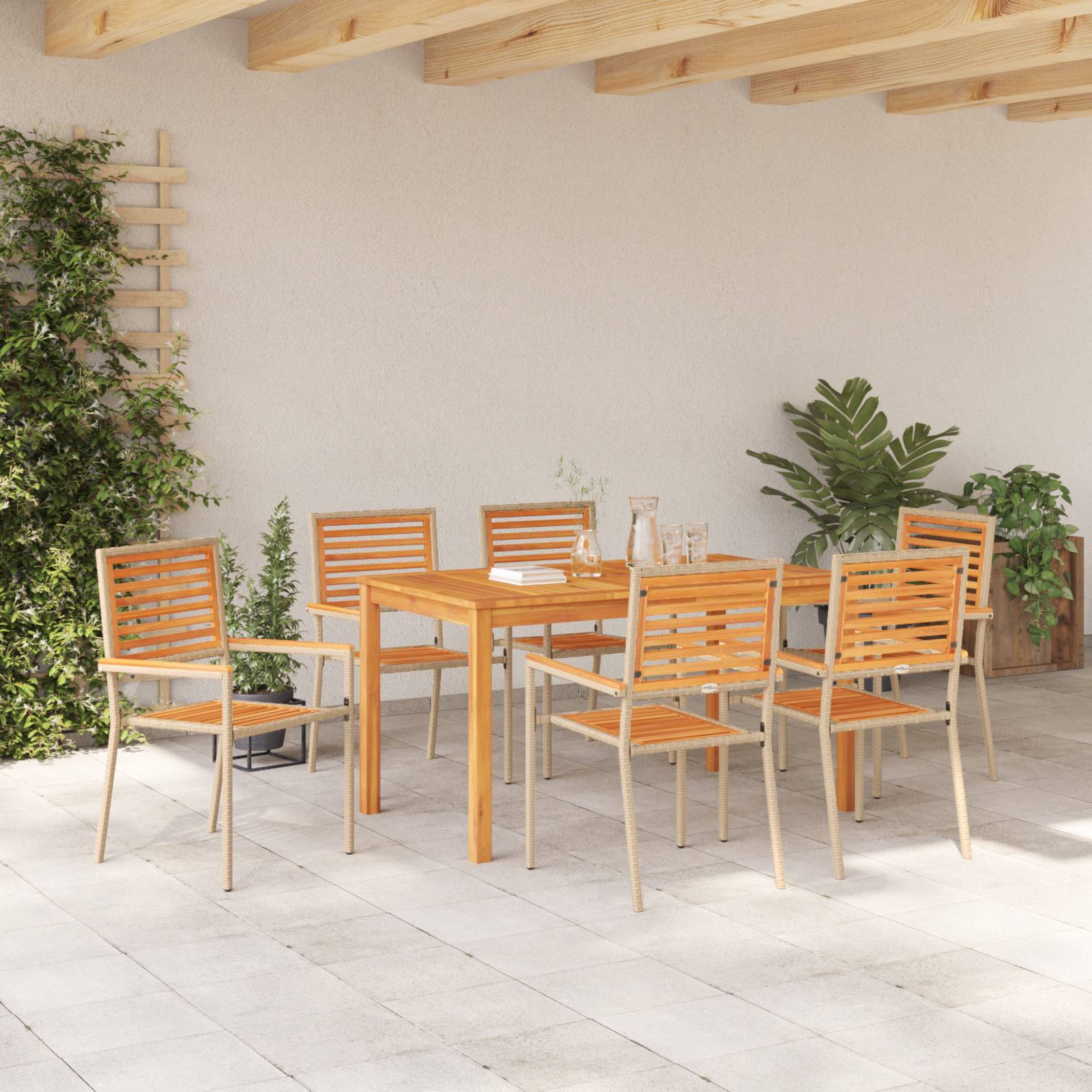 vidaXL 7-teilige Garten Essgruppe Beige Poly Rattan Akazie