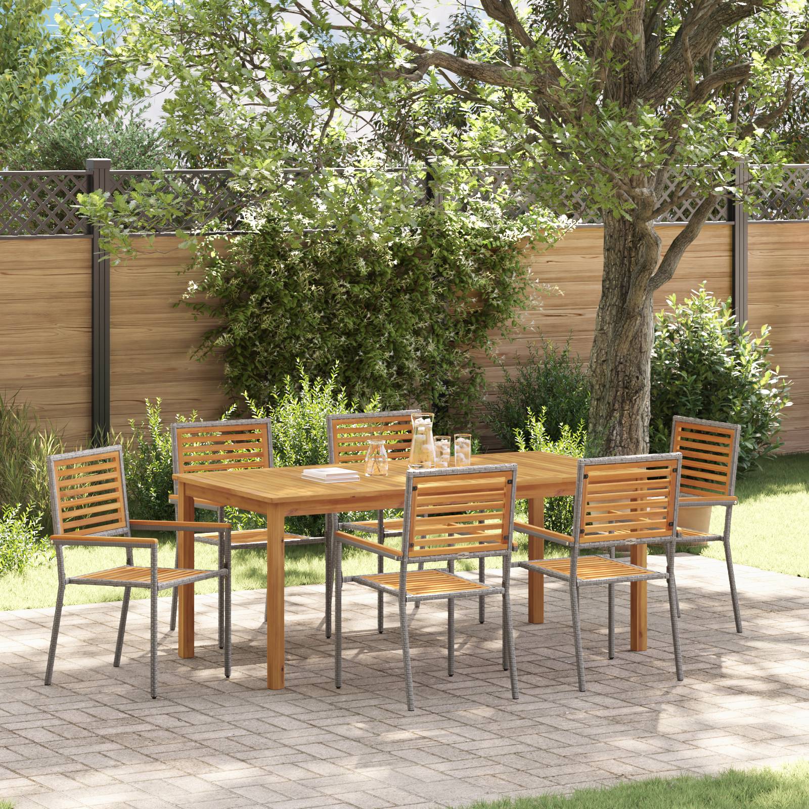 vidaXL 7-teilige Garten-Essgruppe Grau Poly Rattan Akazie