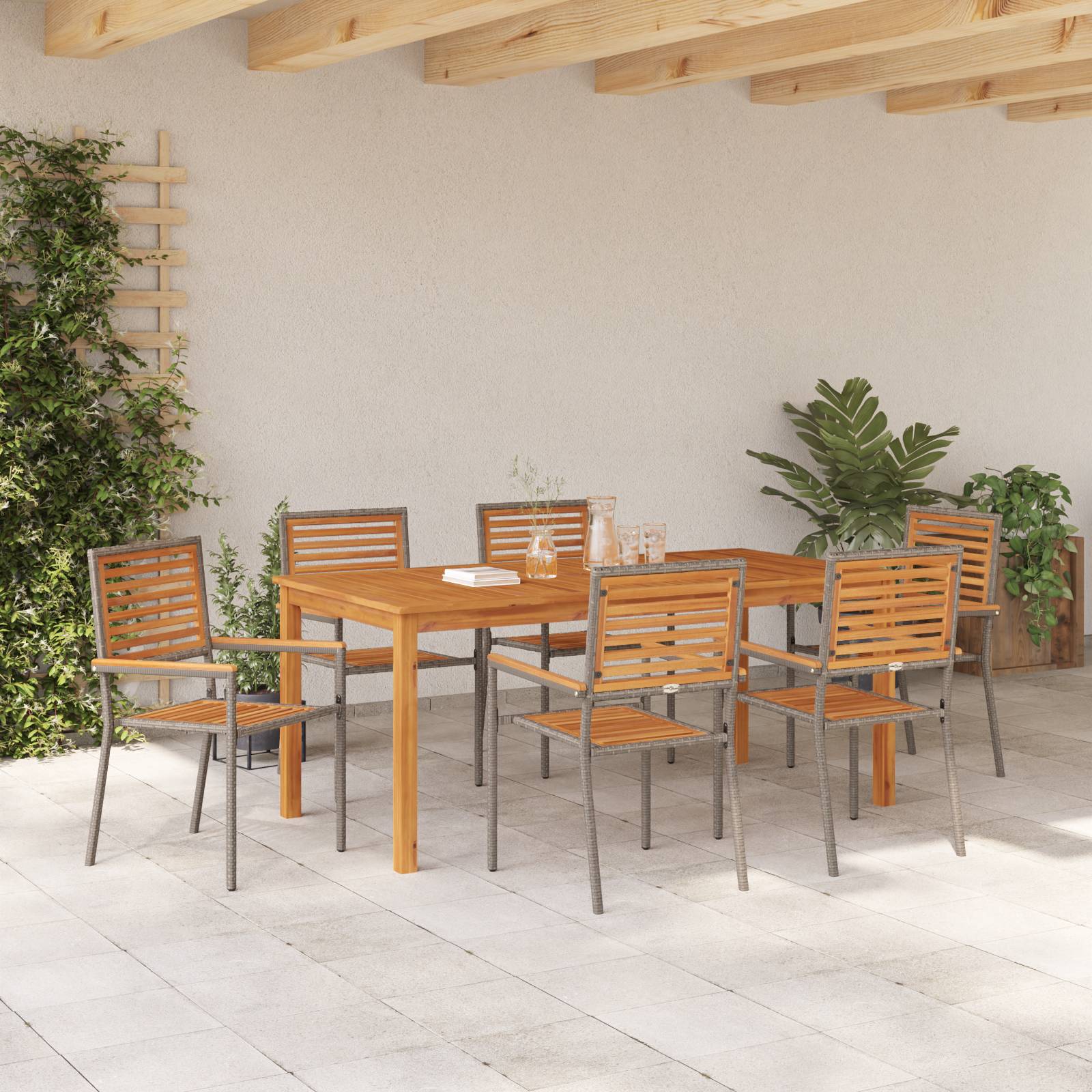vidaXL 7-teilige Garten-Essgruppe Grau Poly Rattan Akazie