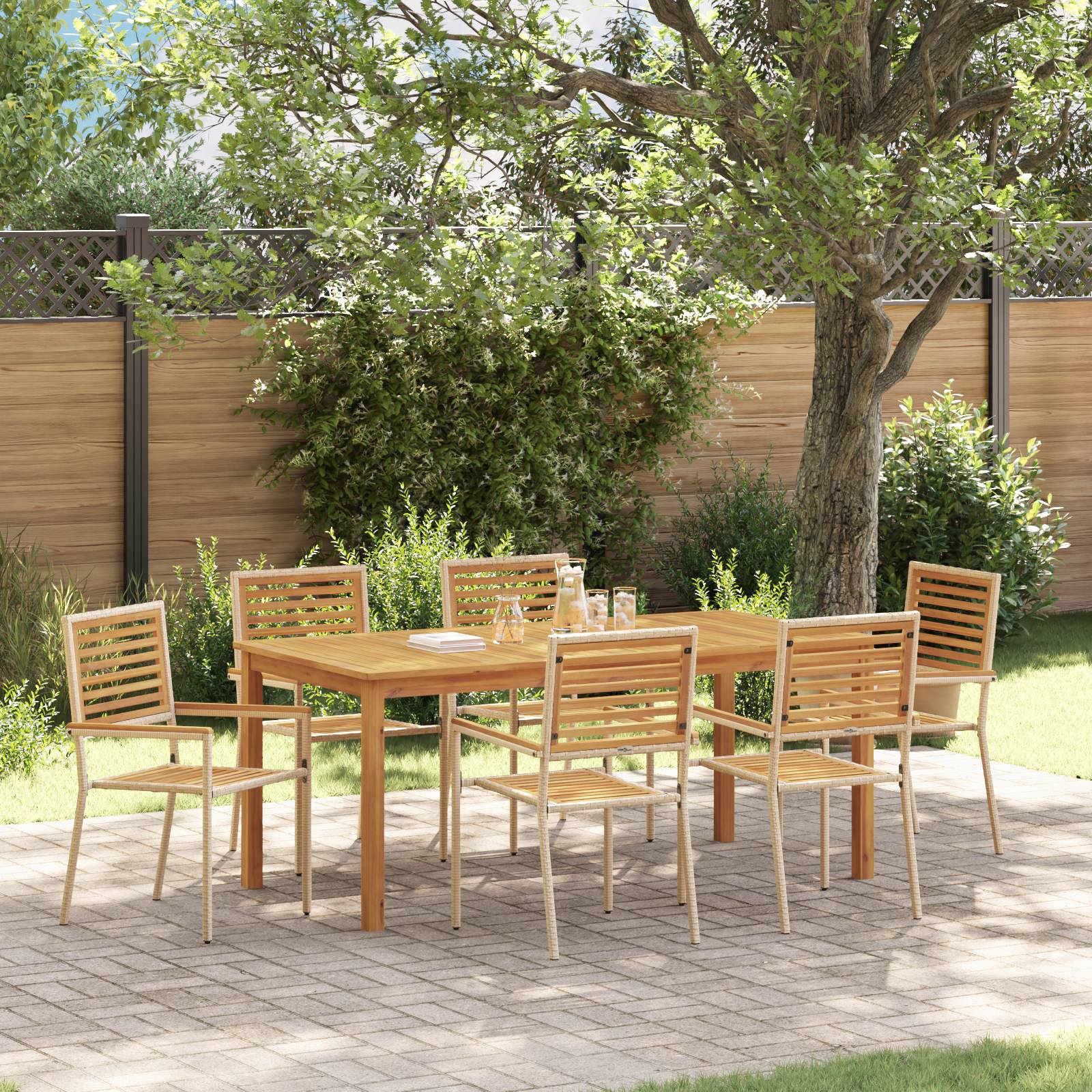 vidaXL 7 Teiliges Garten Essgruppe Beige Poly Rattan Akazie