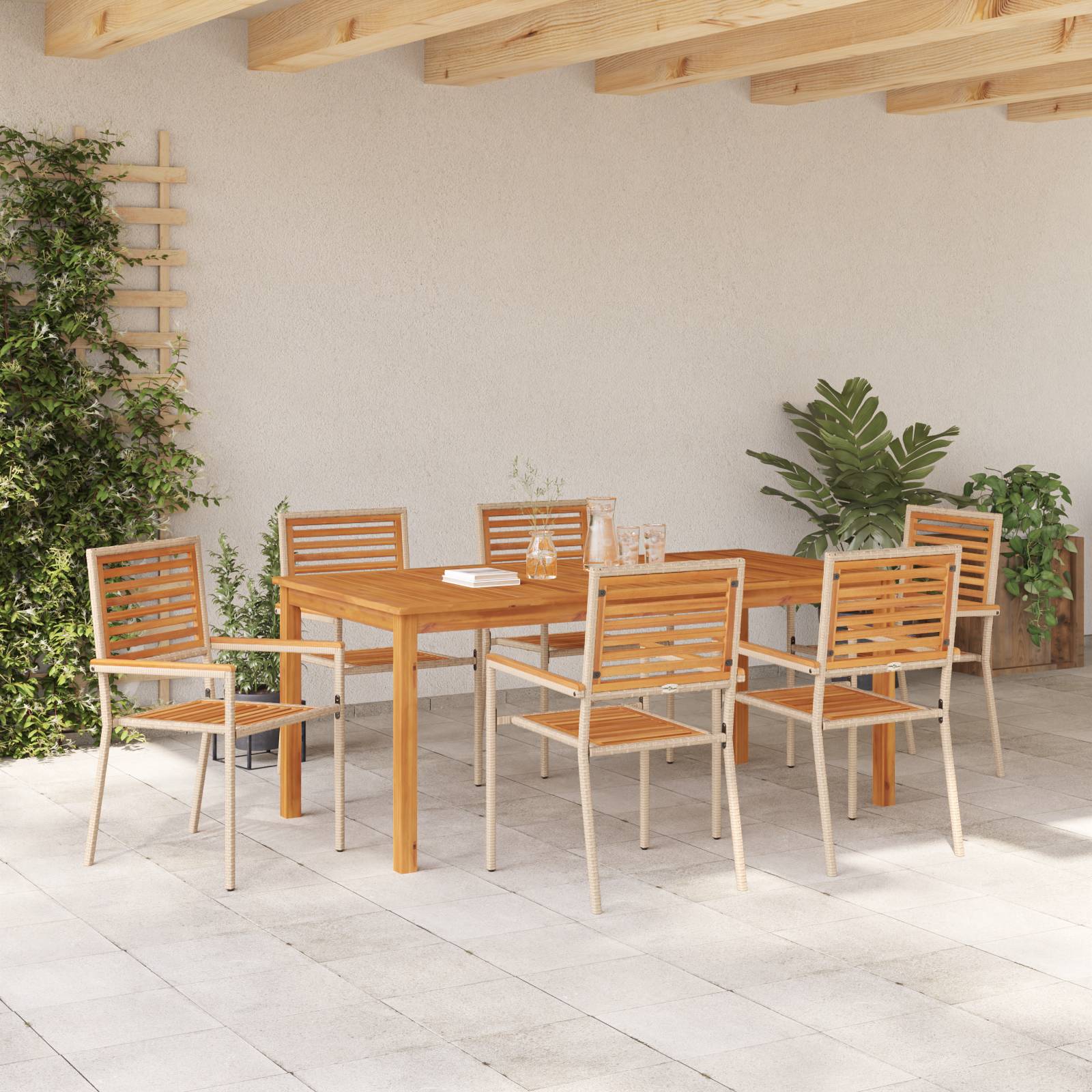 vidaXL 7 Teiliges Garten Essgruppe Beige Poly Rattan Akazie
