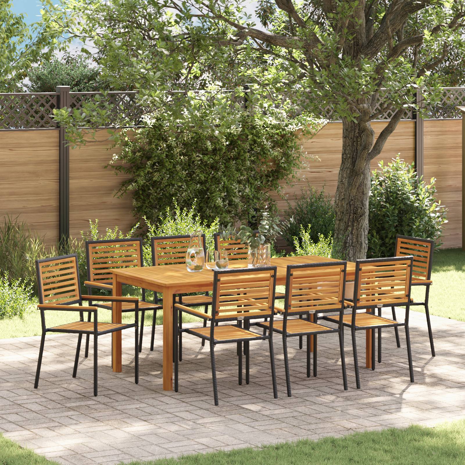 vidaXL 9-teiliges Garten-Essset Schwarz Poly Rattan Akazie