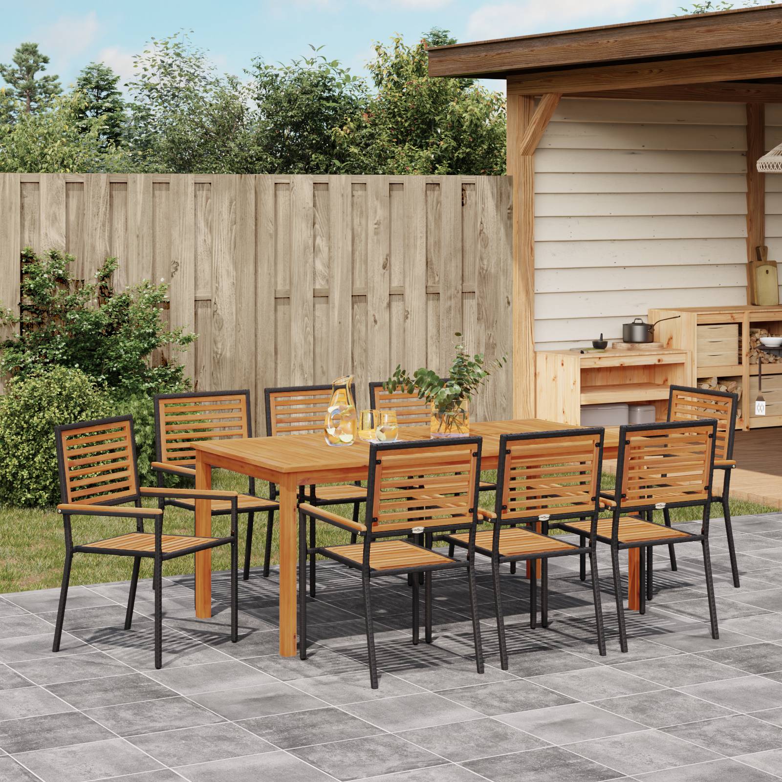 vidaXL 9-teiliges Garten-Essset Schwarz Poly Rattan Akazie