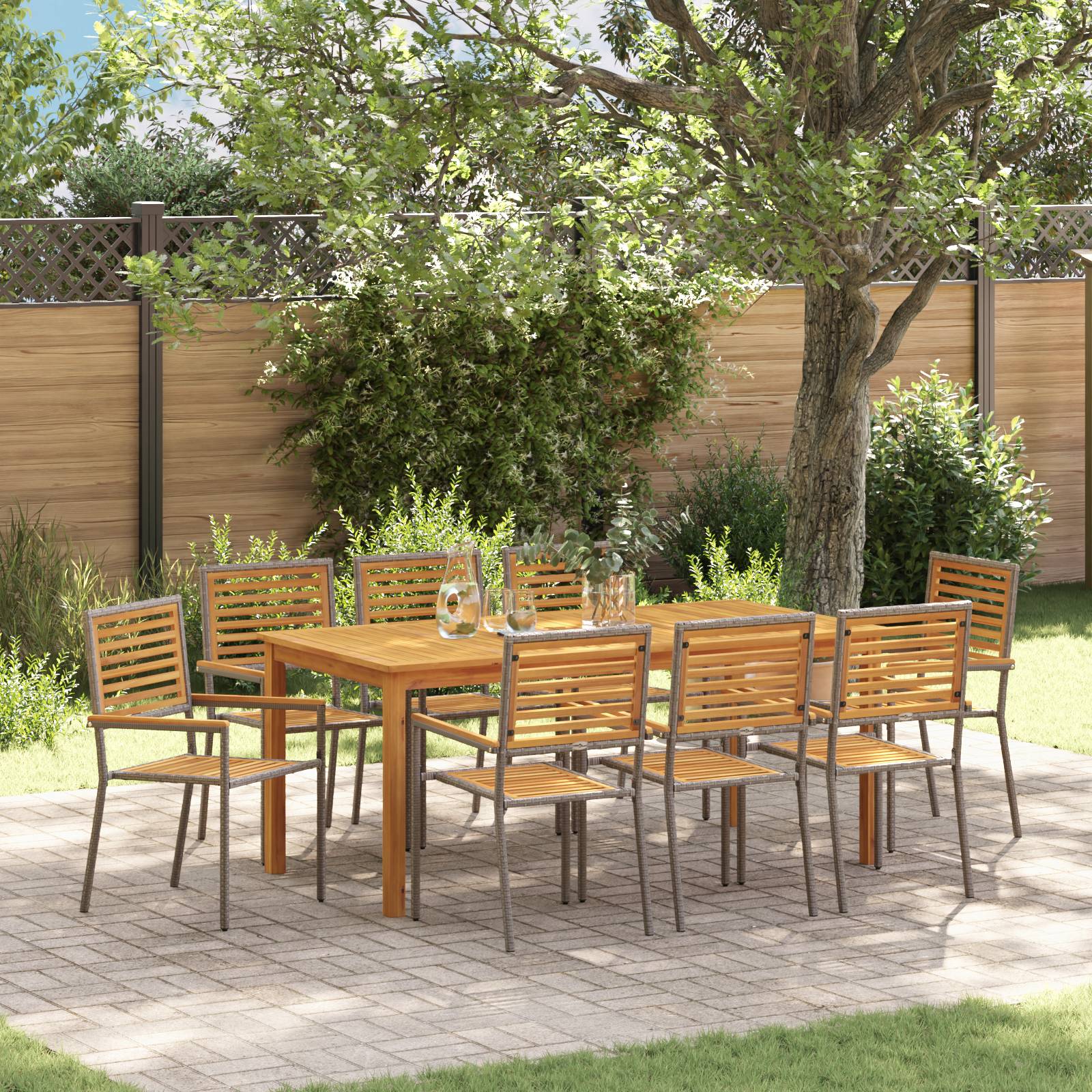 vidaXL 9-teiliges Garten Esszimmer Set Grau Poly Rattan Akazie