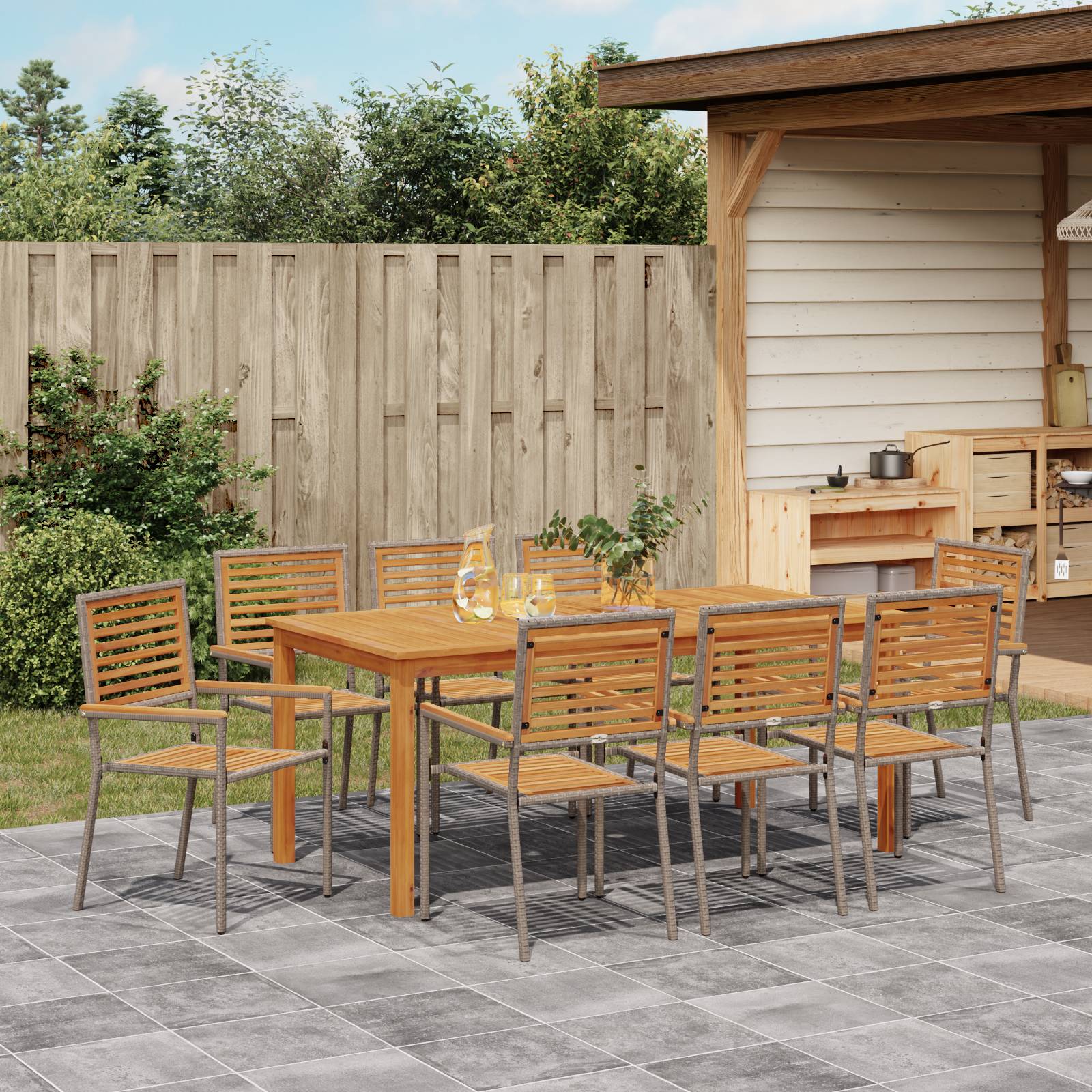 vidaXL 9-teiliges Garten Esszimmer Set Grau Poly Rattan Akazie