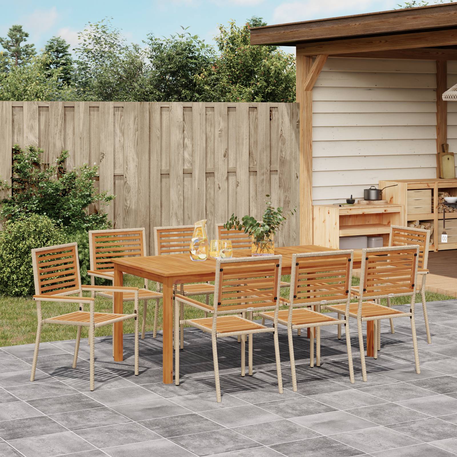 vidaXL 9-teiliges Garten Essset Beige Poly Rattan Akazie