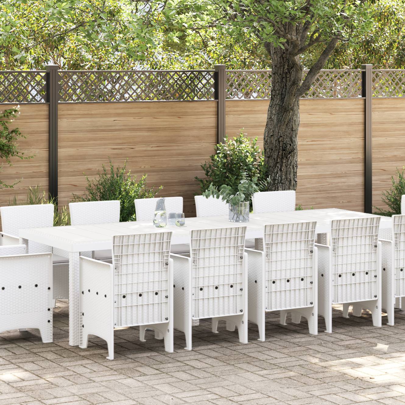 vidaXL 13-teiliges Garten-Esstischset mit Kissen Weiß Poly Rattan