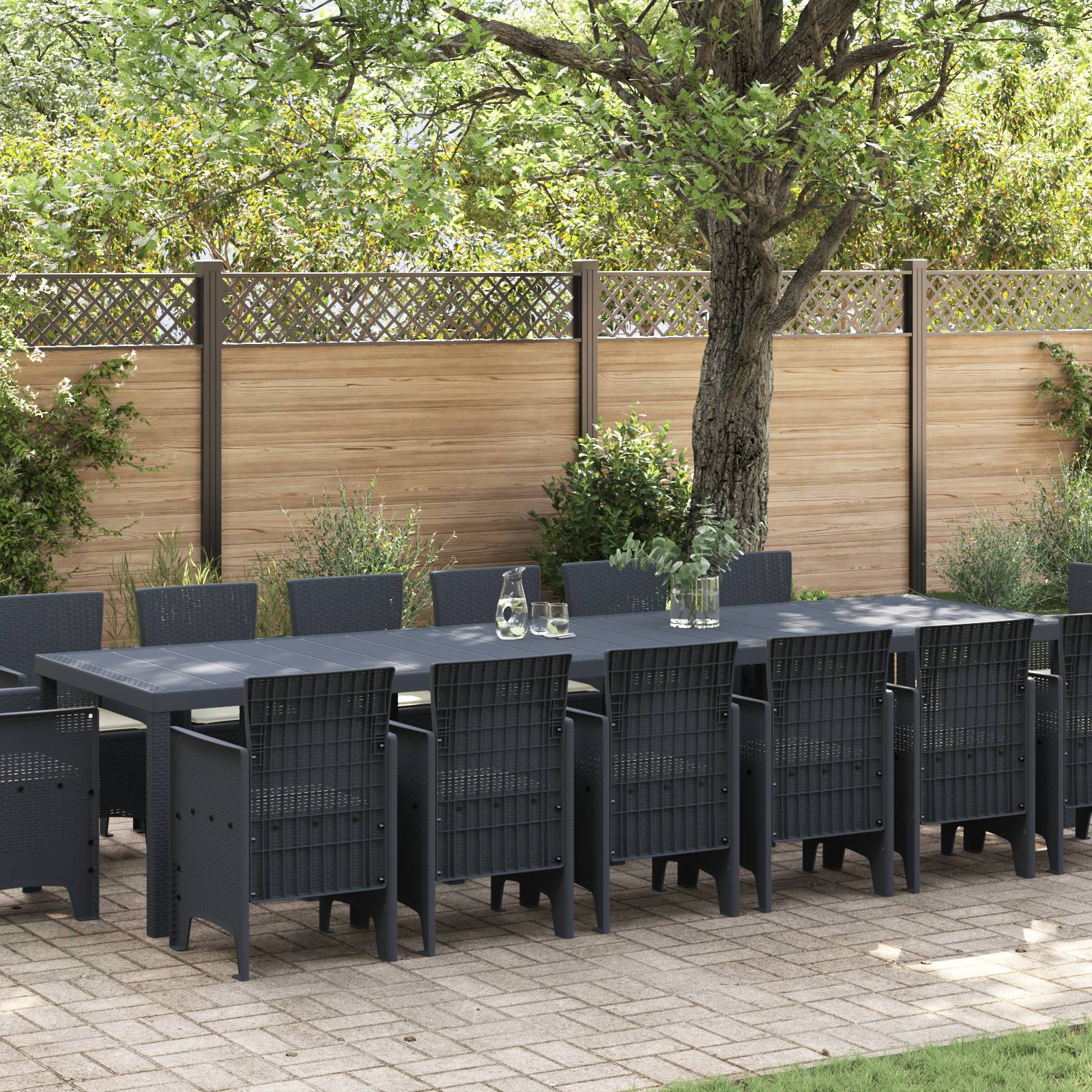 vidaXL 15-teiliges Garten Essgruppe mit Kissen Anthrazit Poly-Rattan