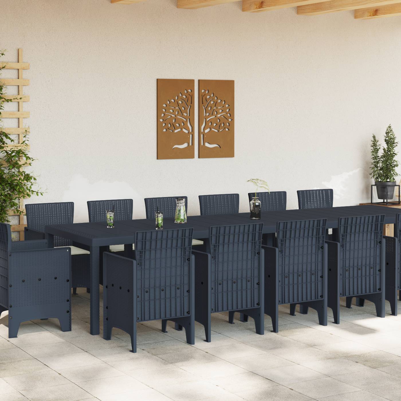 vidaXL 15-teiliges Garten Essgruppe mit Kissen Anthrazit Poly-Rattan