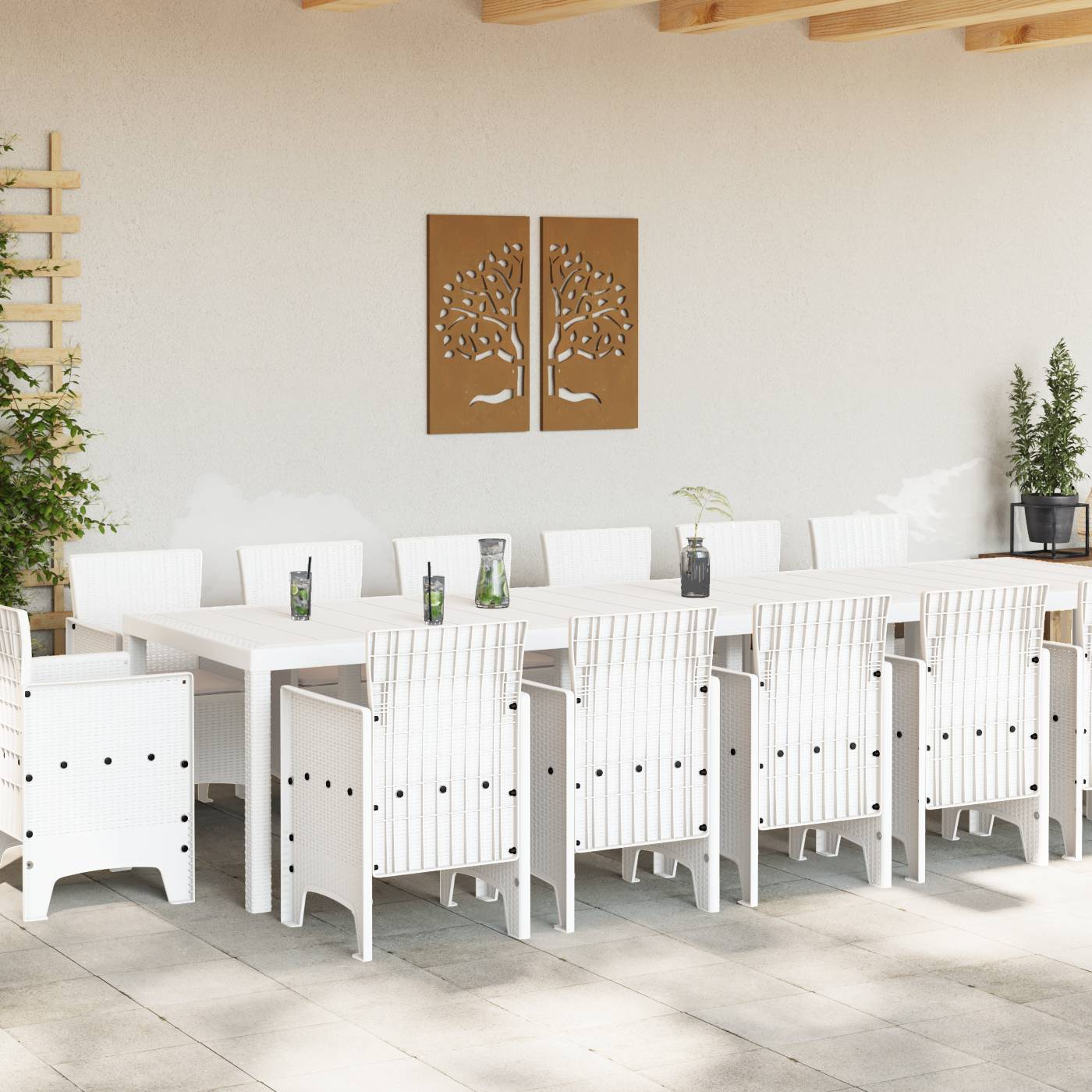 vidaXL 15-teiliges Garten-Esszimmermöbel-Set mit Kissen Weiß Poly-Rattan