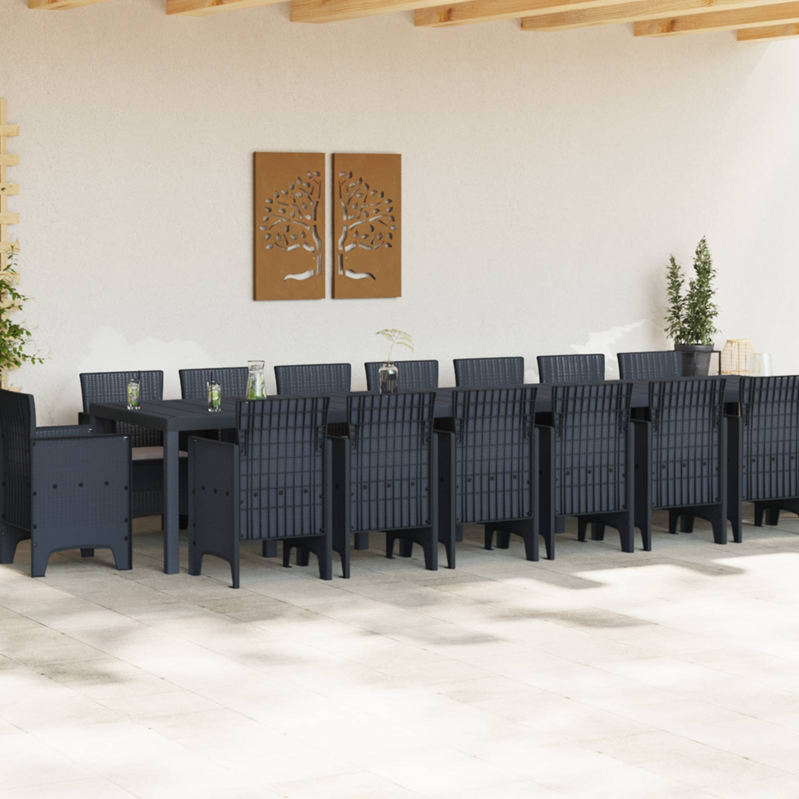 vidaXL 17-teilige Garten-Essgruppe mit Kissen Anthrazit Poly-Rattan