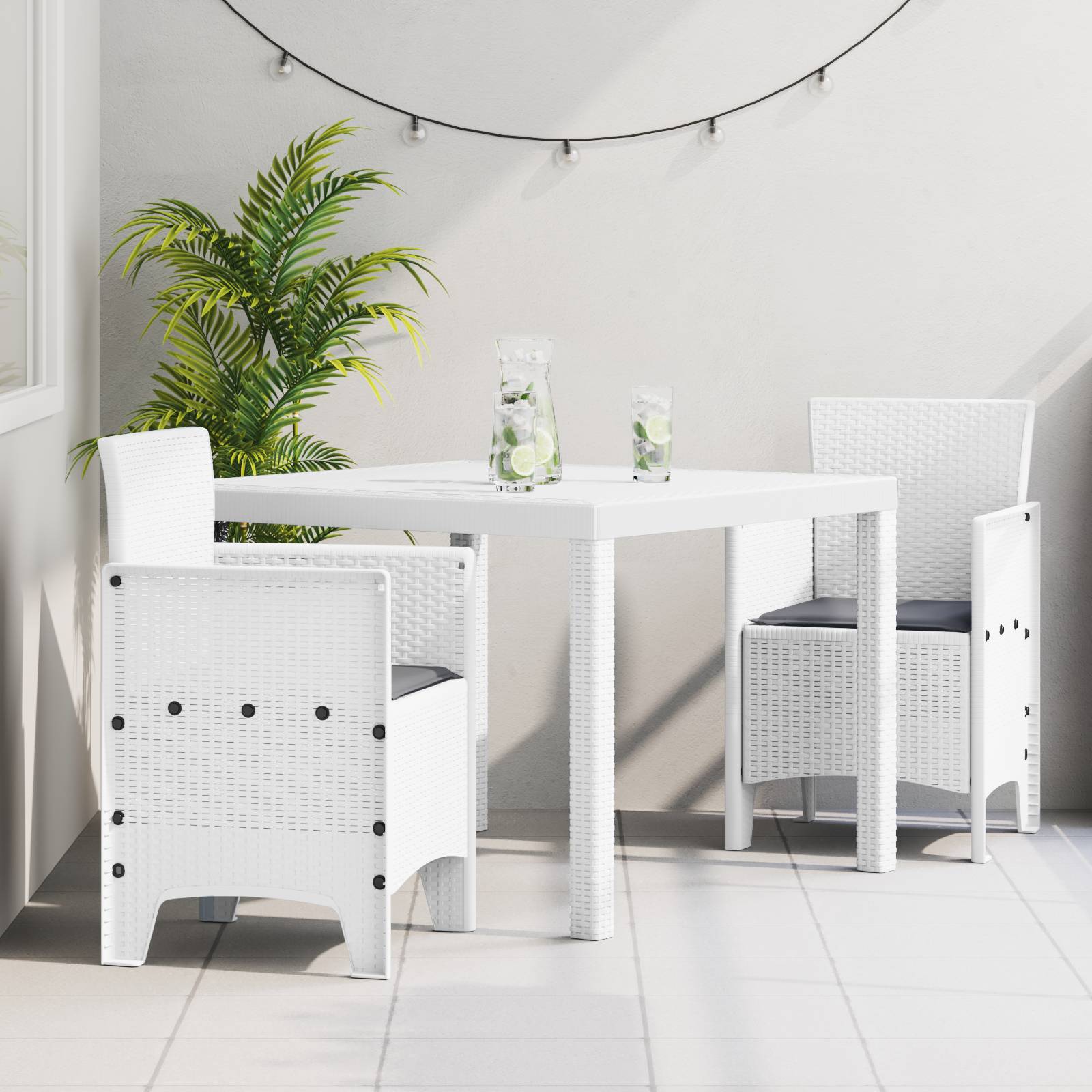 vidaXL 3-tlg. Garten-Essgruppe mit Kissen Weiß Poly Rattan