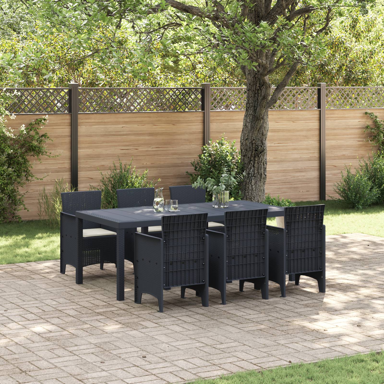 vidaXL 7-teilige Garten Essgruppe mit Kissen Anthrazit Poly Rattan