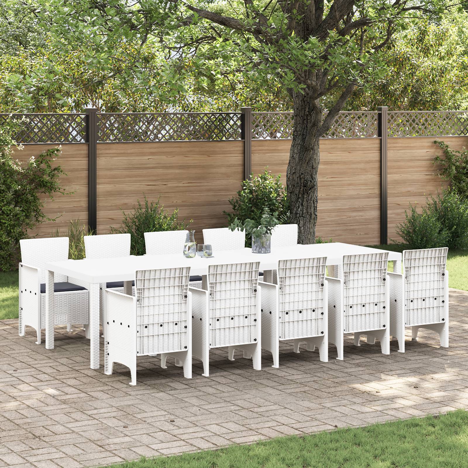vidaXL 11-teiliges Gartendining-Set mit Kissen Weiß Poly-Rattan