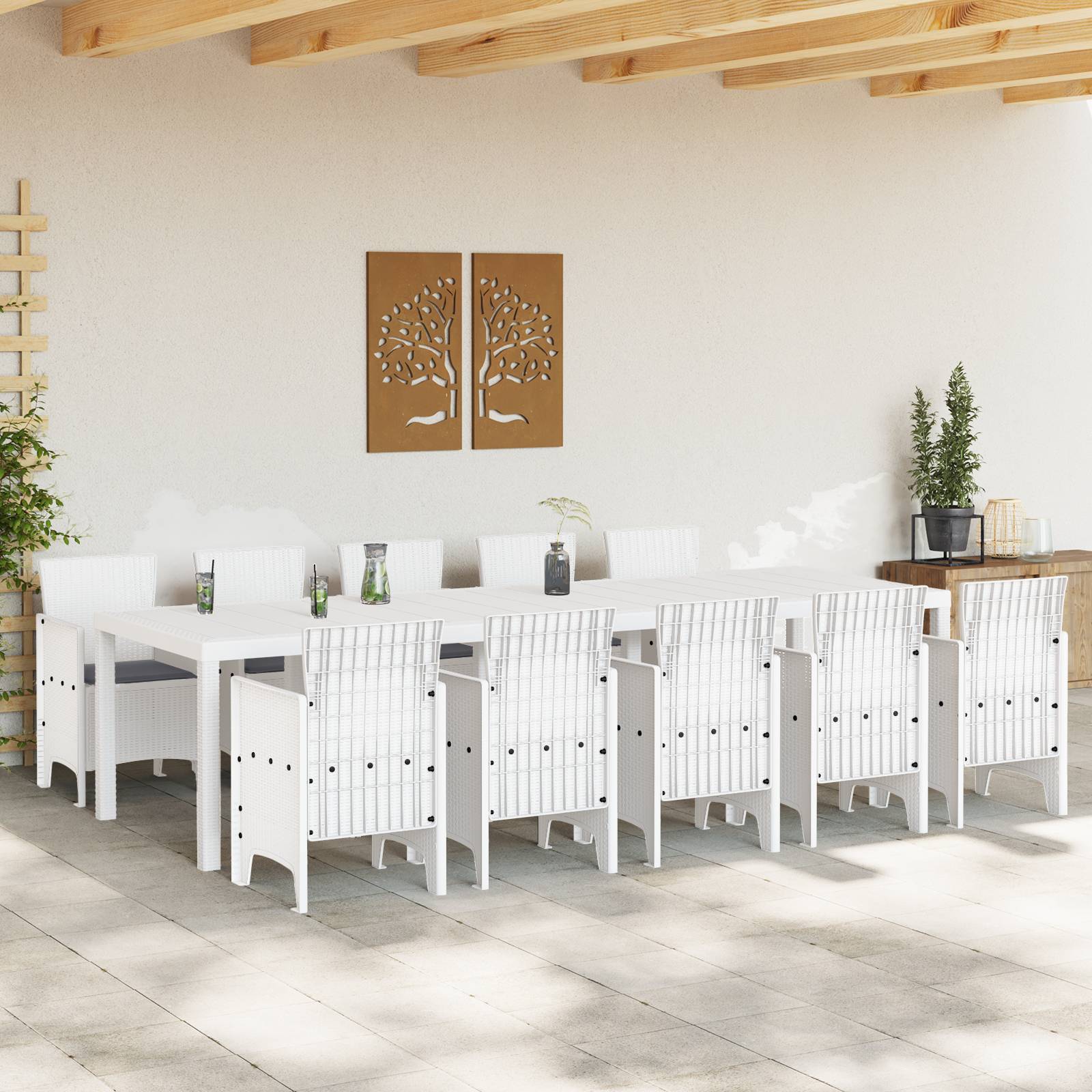 vidaXL 11-teiliges Gartendining-Set mit Kissen Weiß Poly-Rattan