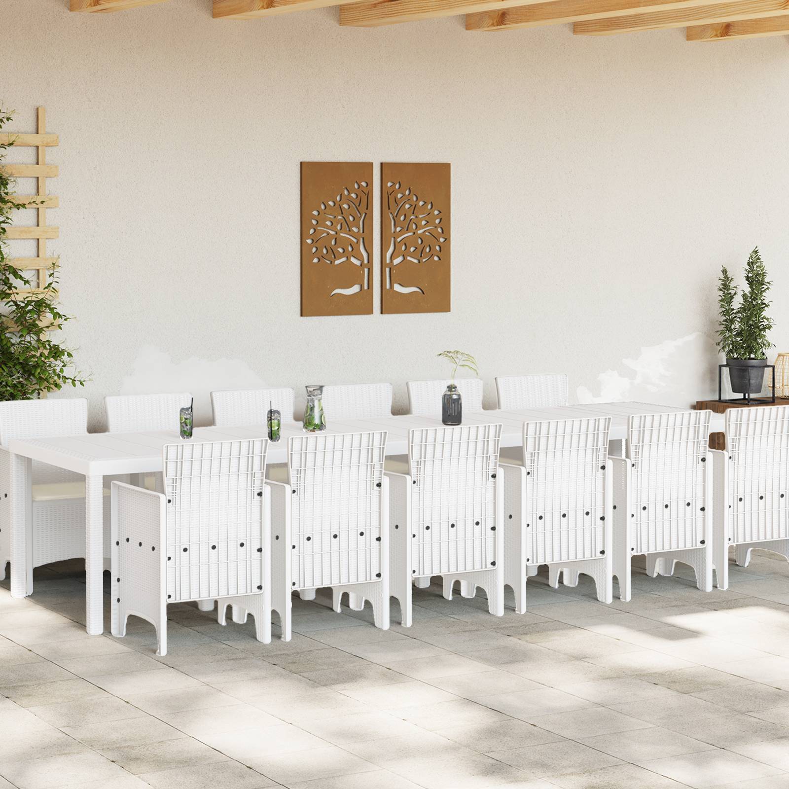 vidaXL 13-teiliges Garten-Dining-Set mit Kissen Weiß Poly-Rattan