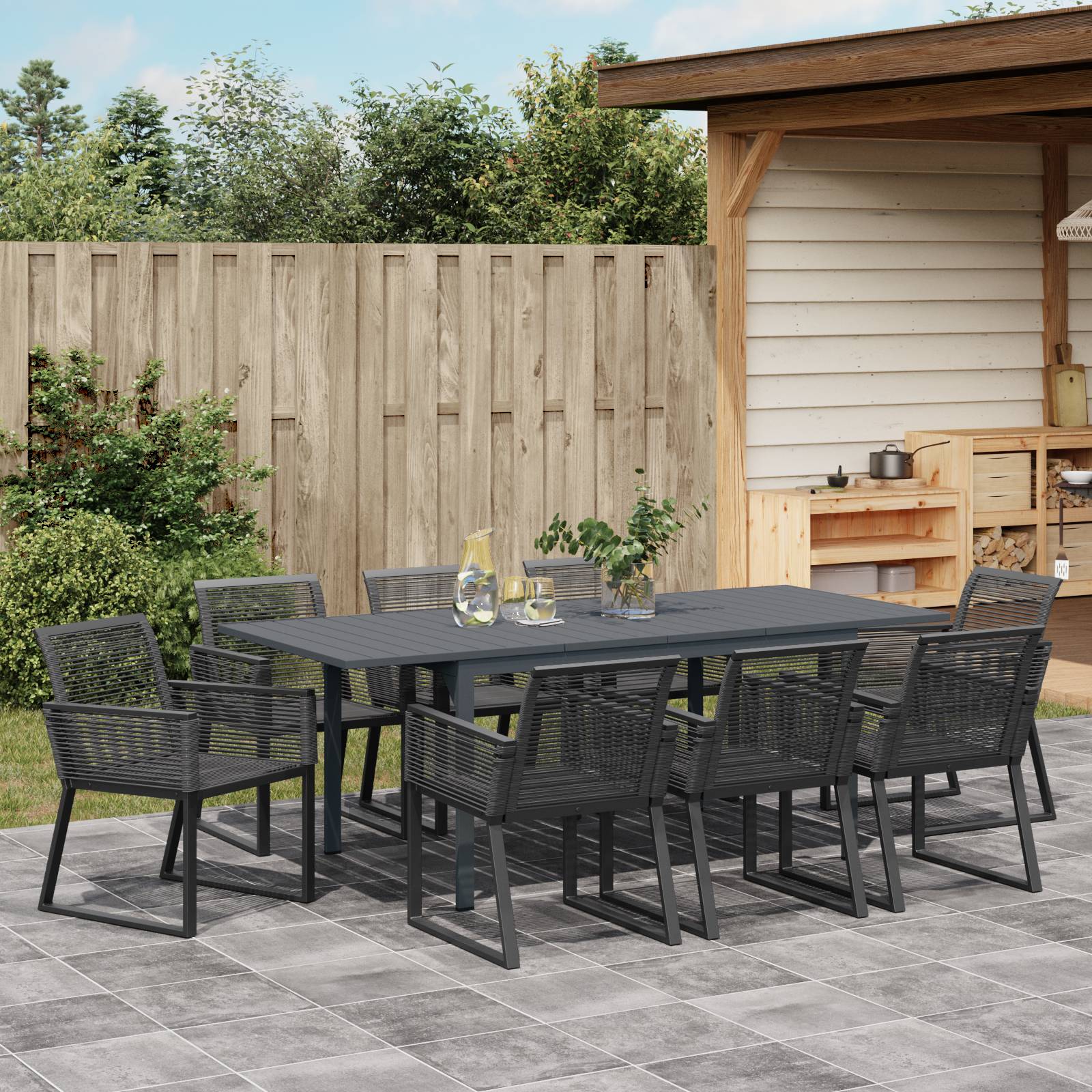 vidaXL 9-teiliges Garten Esszimmer Set Schwarz Poly Rattan