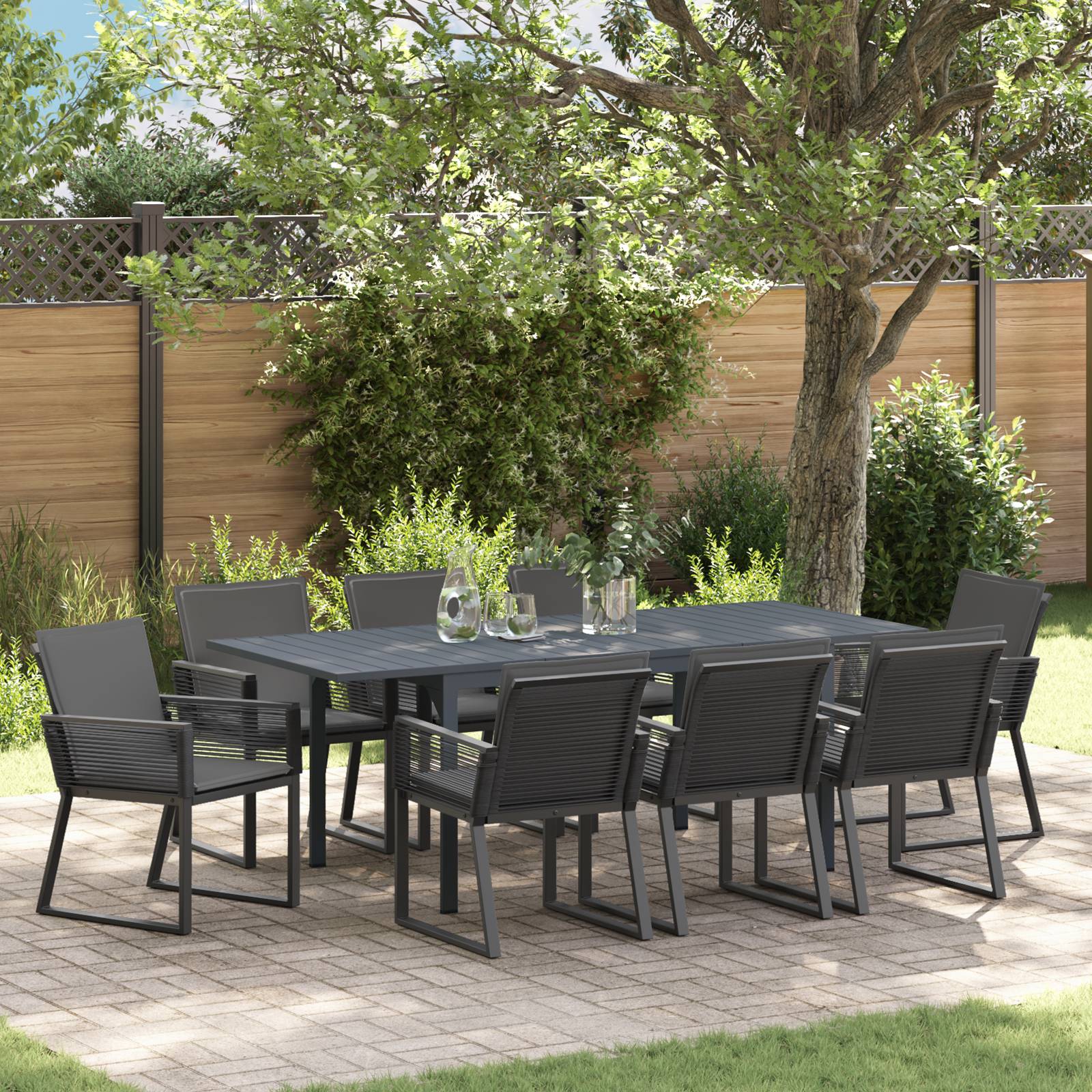 vidaXL 9-teiliges Garten-Essset mit Polstern Schwarz Poly Rattan