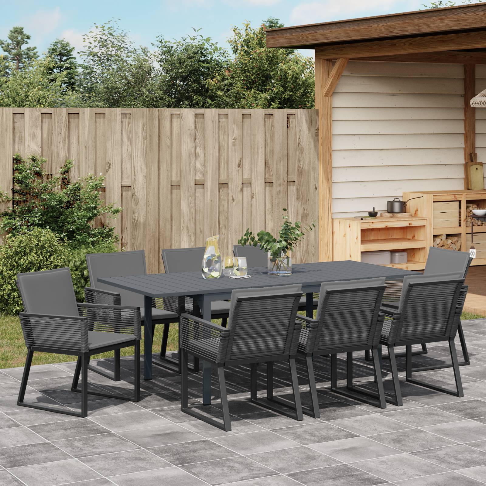 vidaXL 9-teiliges Garten-Essset mit Polstern Schwarz Poly Rattan