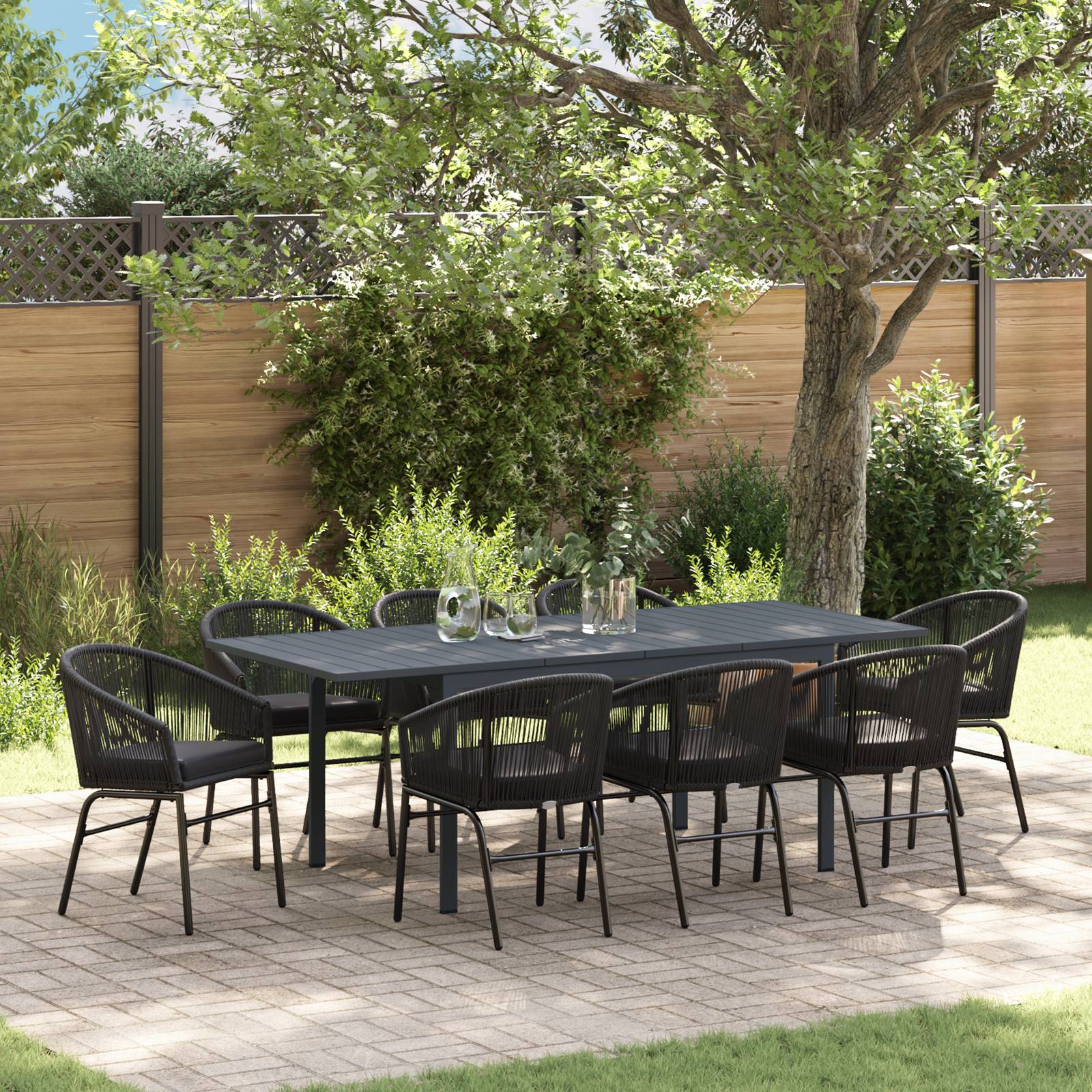 vidaXL 10-teiliges Garten-Essset mit Kissen aus schwarzem Poly-Rattan