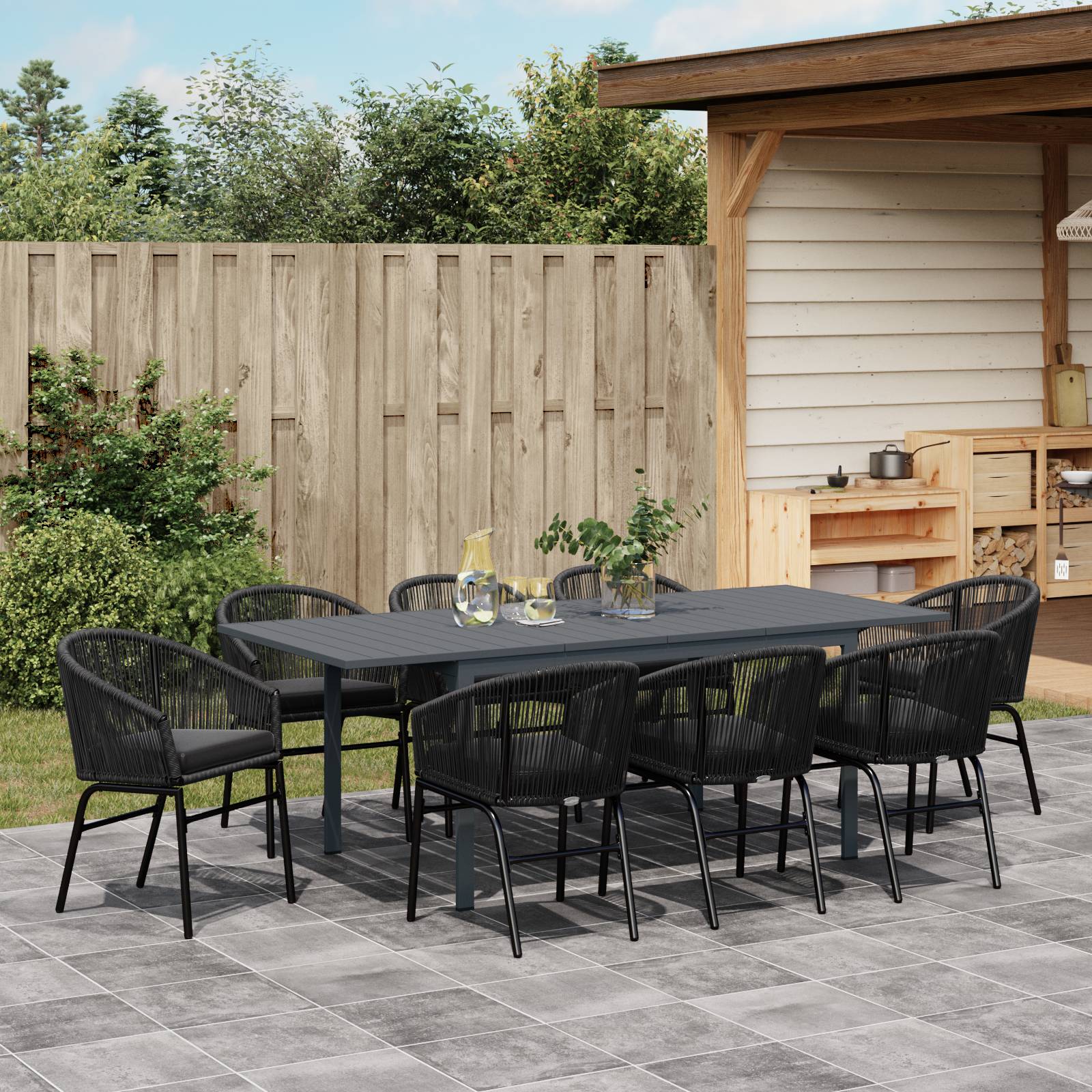 vidaXL 10-teiliges Garten-Essset mit Kissen aus schwarzem Poly-Rattan