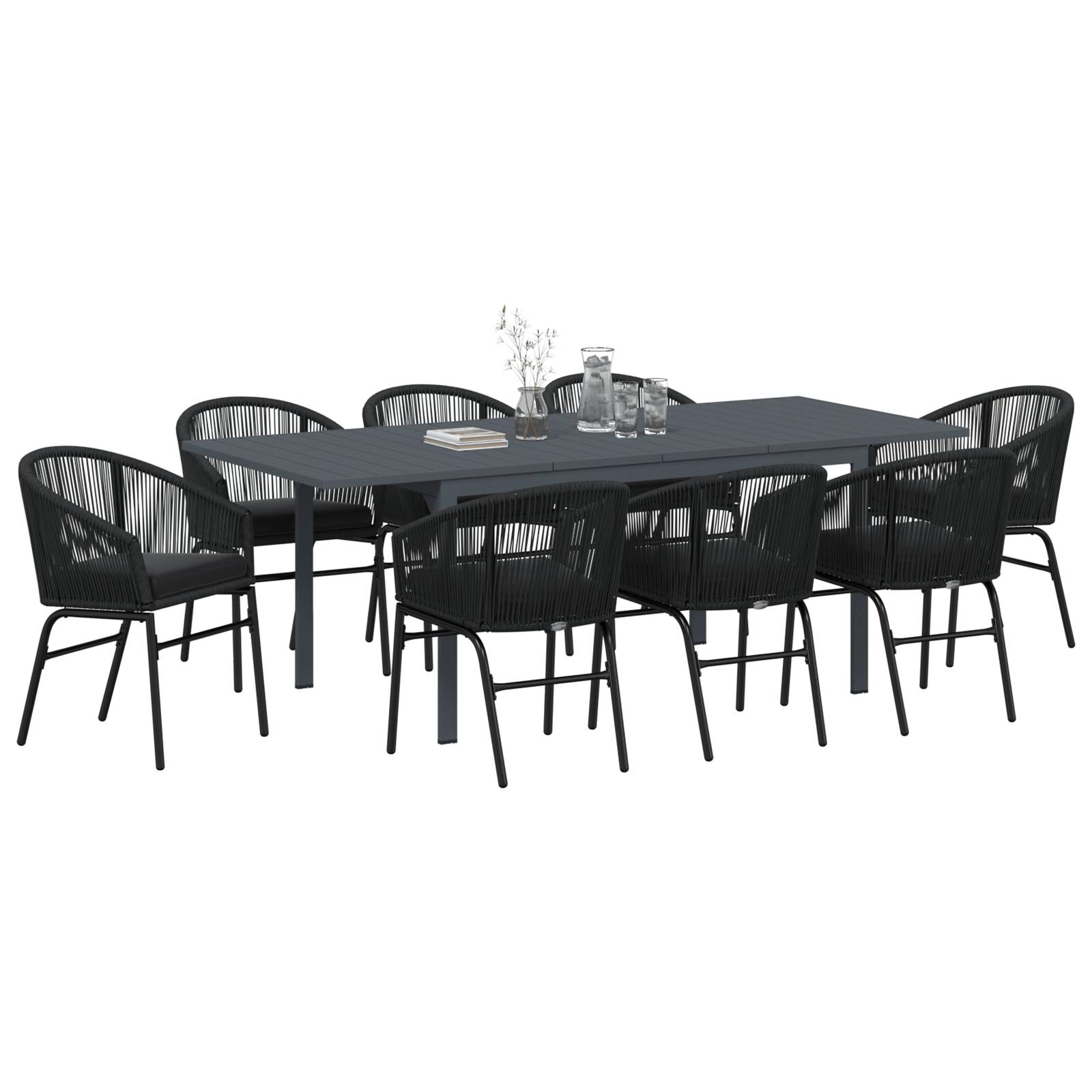 vidaXL 10-teiliges Garten-Essset mit Kissen aus schwarzem Poly-Rattan