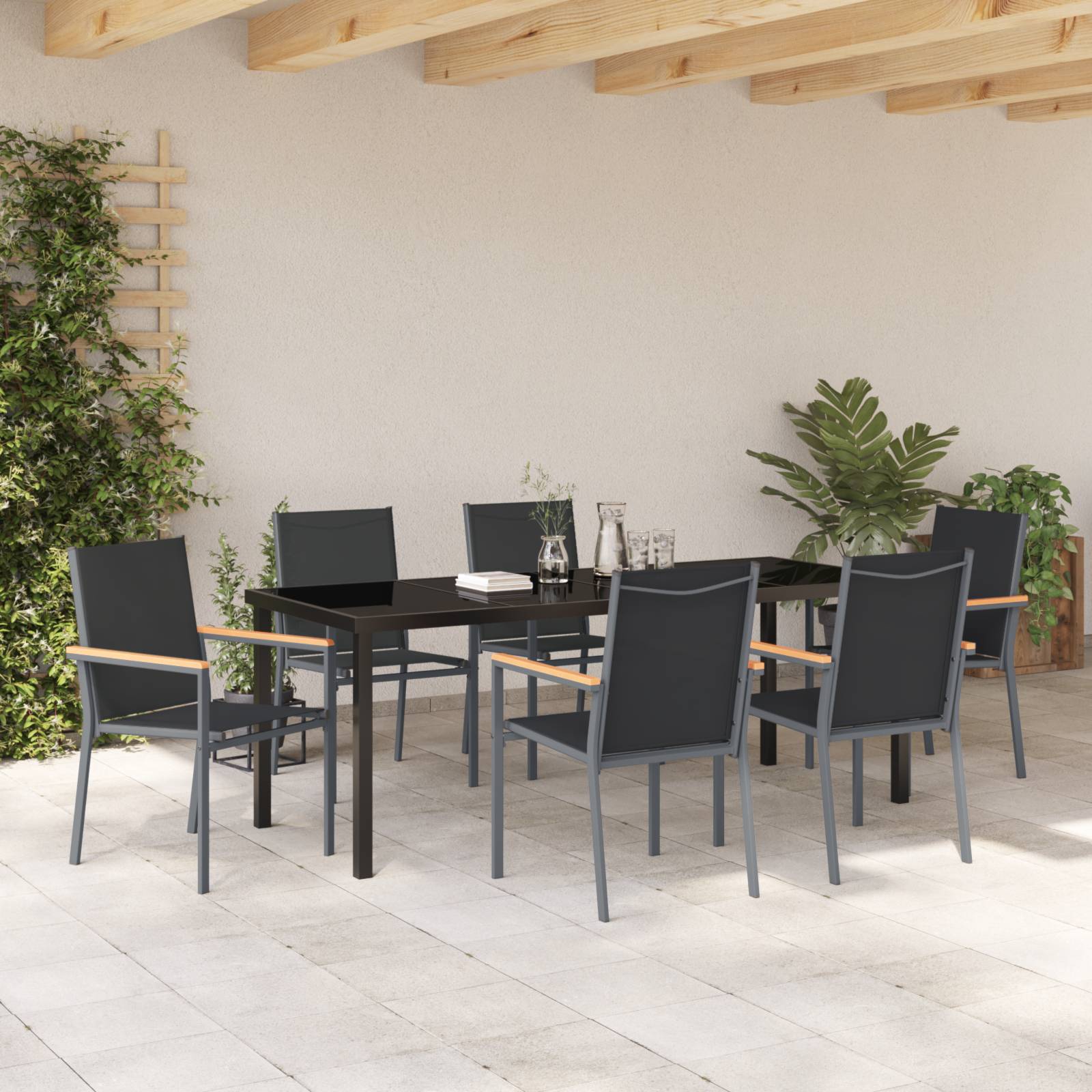 vidaXL 7-teiliges Gartentischset Schwarz Textilene und Stahl