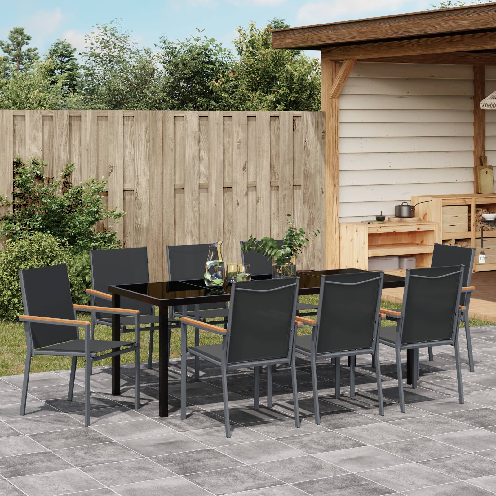 vidaXL 9-teilige Gartentischset aus schwarzem Textilene und Stahl