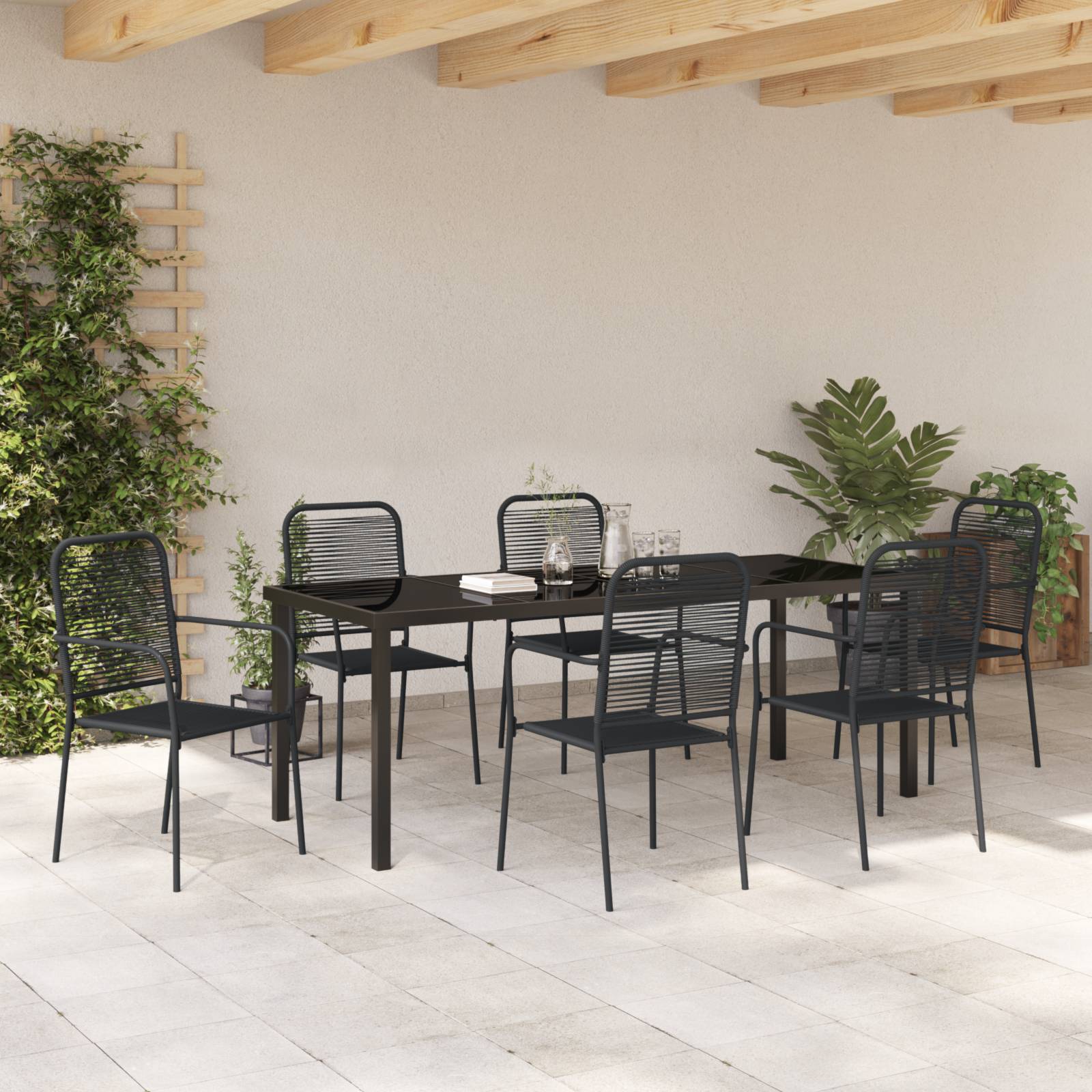 vidaXL 7-teilige Garten-Essgruppe mit schwarzem Baumwollseil und Stahl