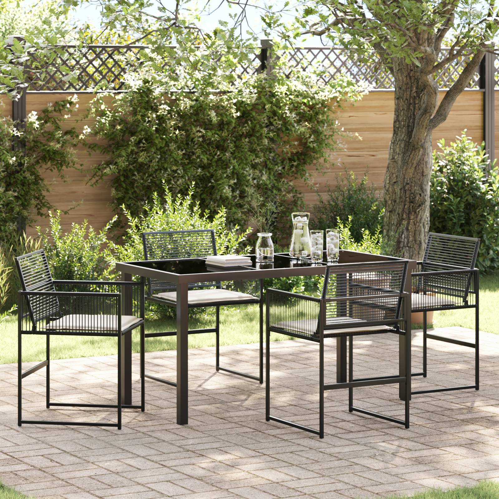 vidaXL 5-teiliges Garten-Ess-Set mit Kissen Schwarz Poly-Rattan