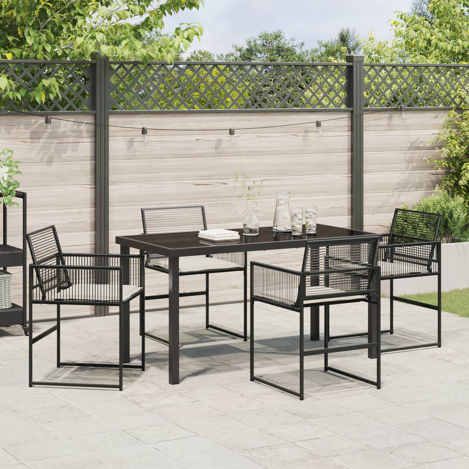 vidaXL 5-teiliges Garten-Ess-Set mit Kissen Schwarz Poly-Rattan