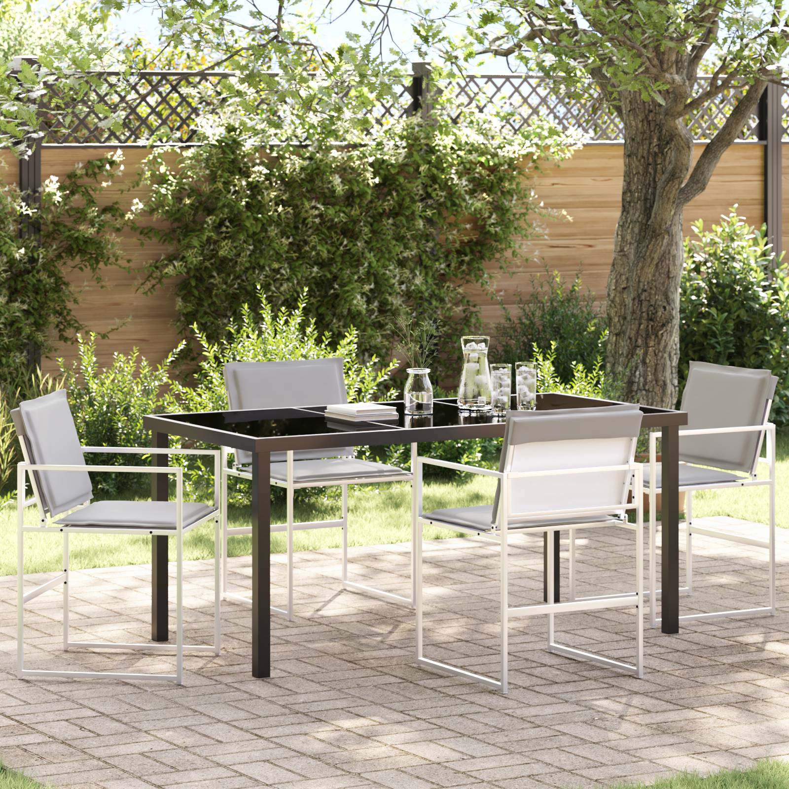 vidaXL 5-teiliges Garten-Esszimmer-Set mit Kissen in Weiß, Textilene und Stahl