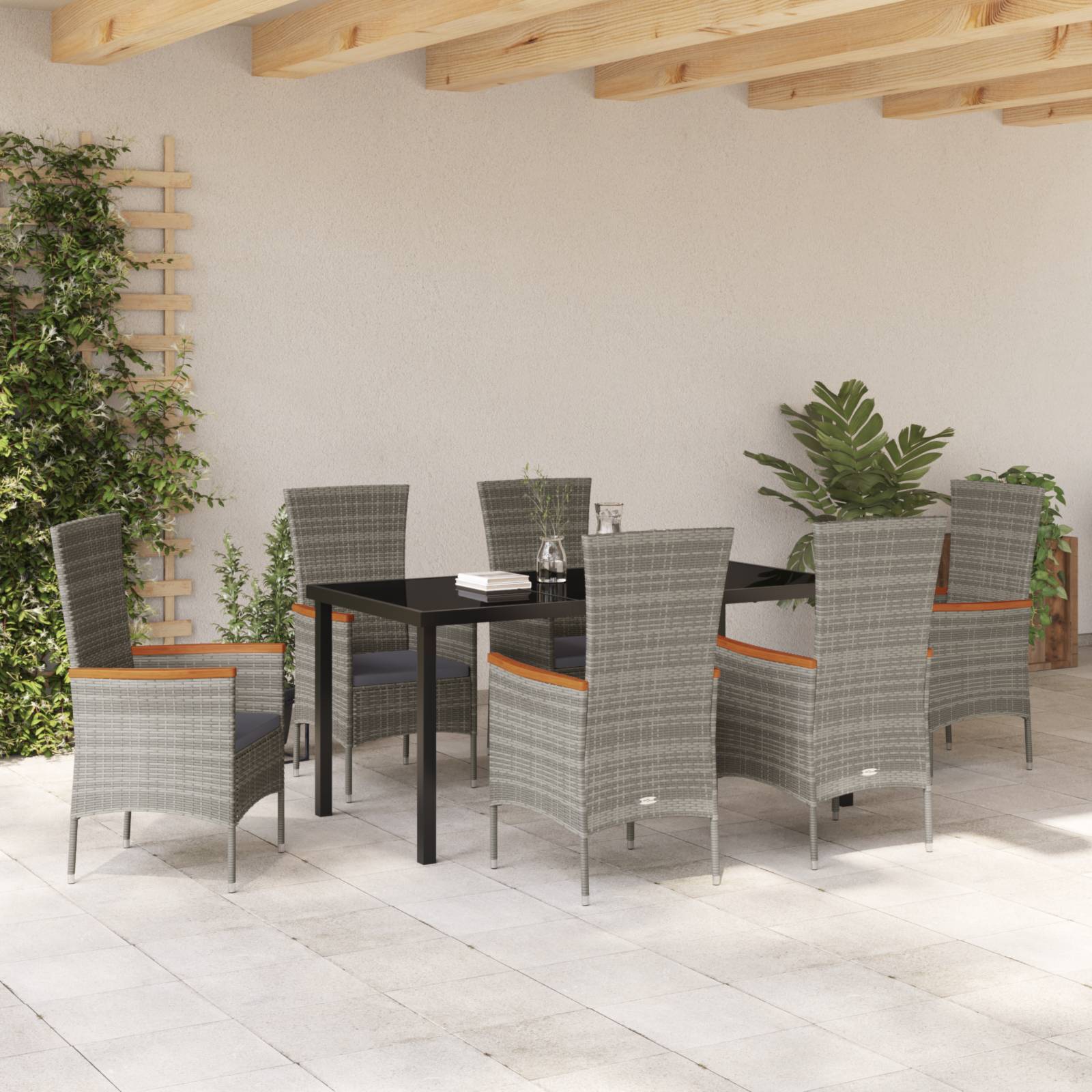 vidaXL 7-teiliges Garten Esstisch Set mit Kissen Grau Poly Rattan