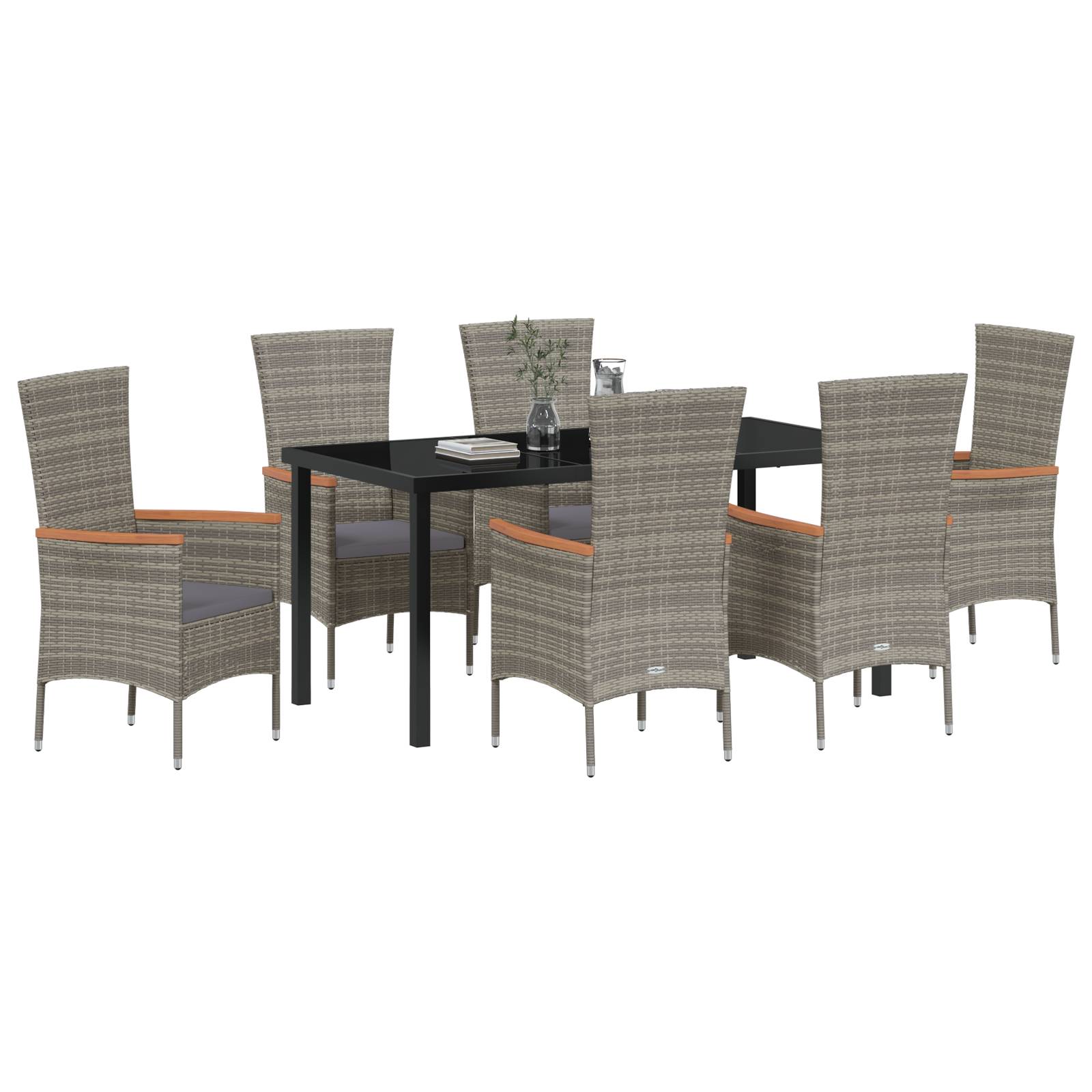 vidaXL 7-teiliges Garten Esstisch Set mit Kissen Grau Poly Rattan