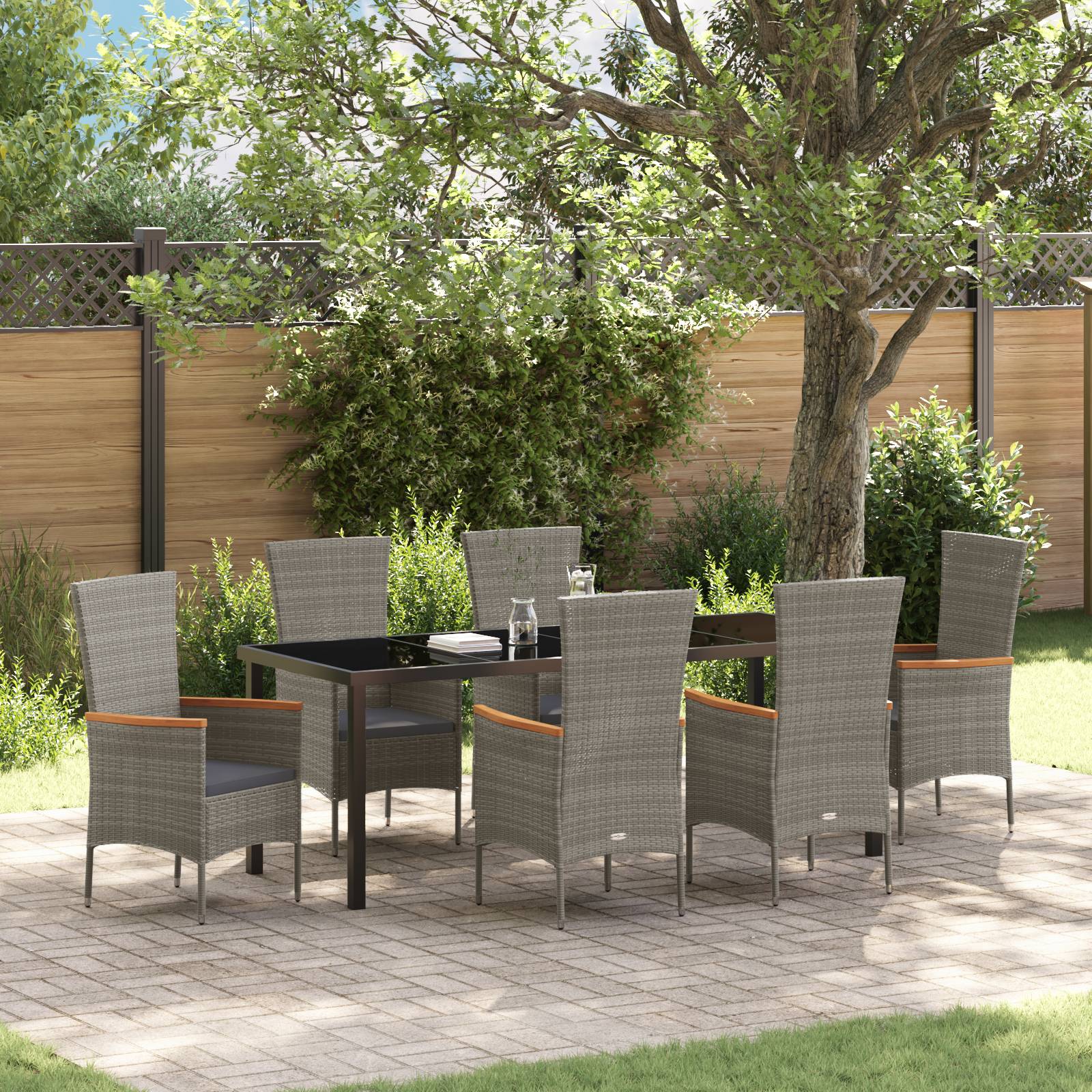 vidaXL 7-teiliges Garten Esszimmer Set mit Kissen graues Poly-Rattan