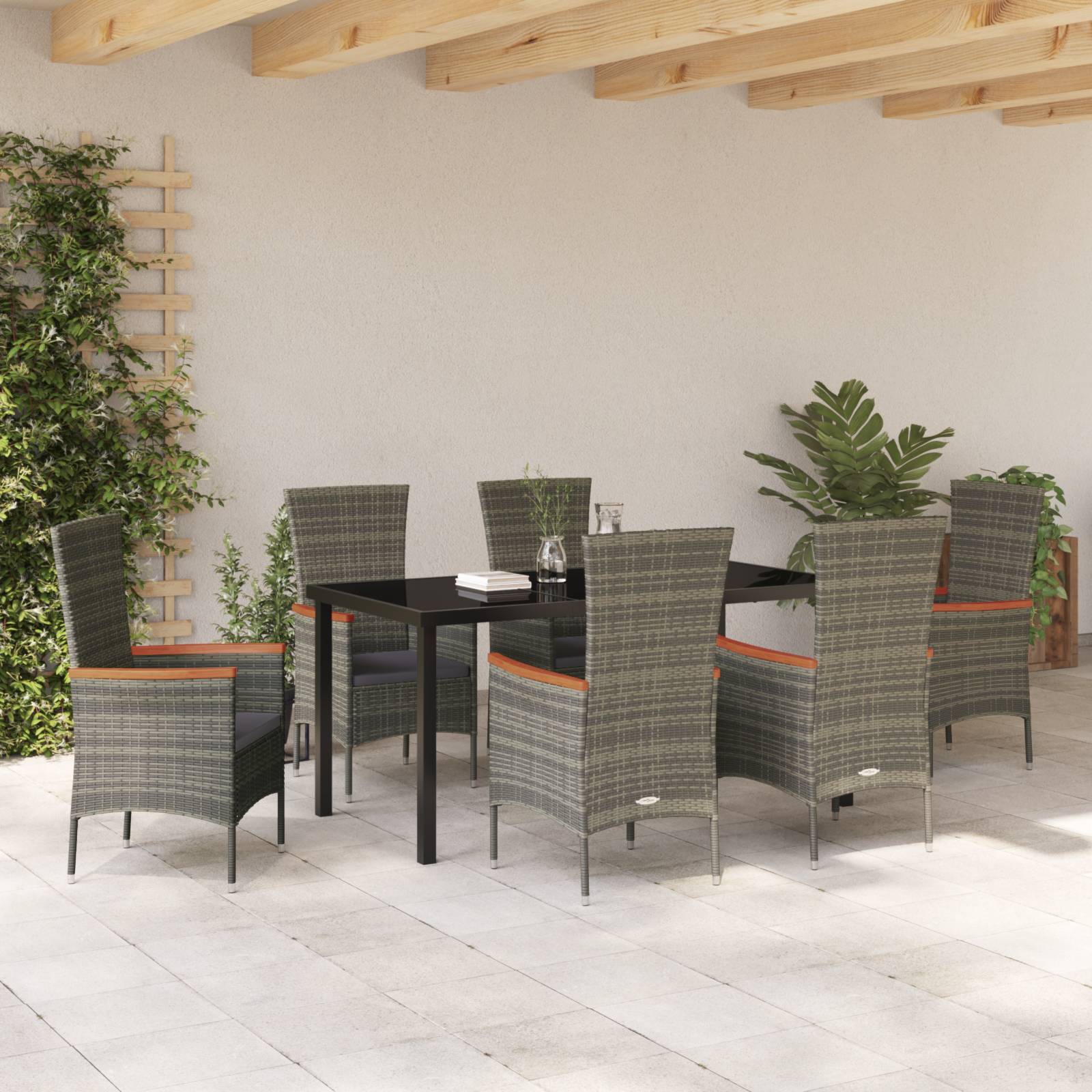 vidaXL 7-teiliges Garten Esszimmer Set mit Kissen graues Poly-Rattan