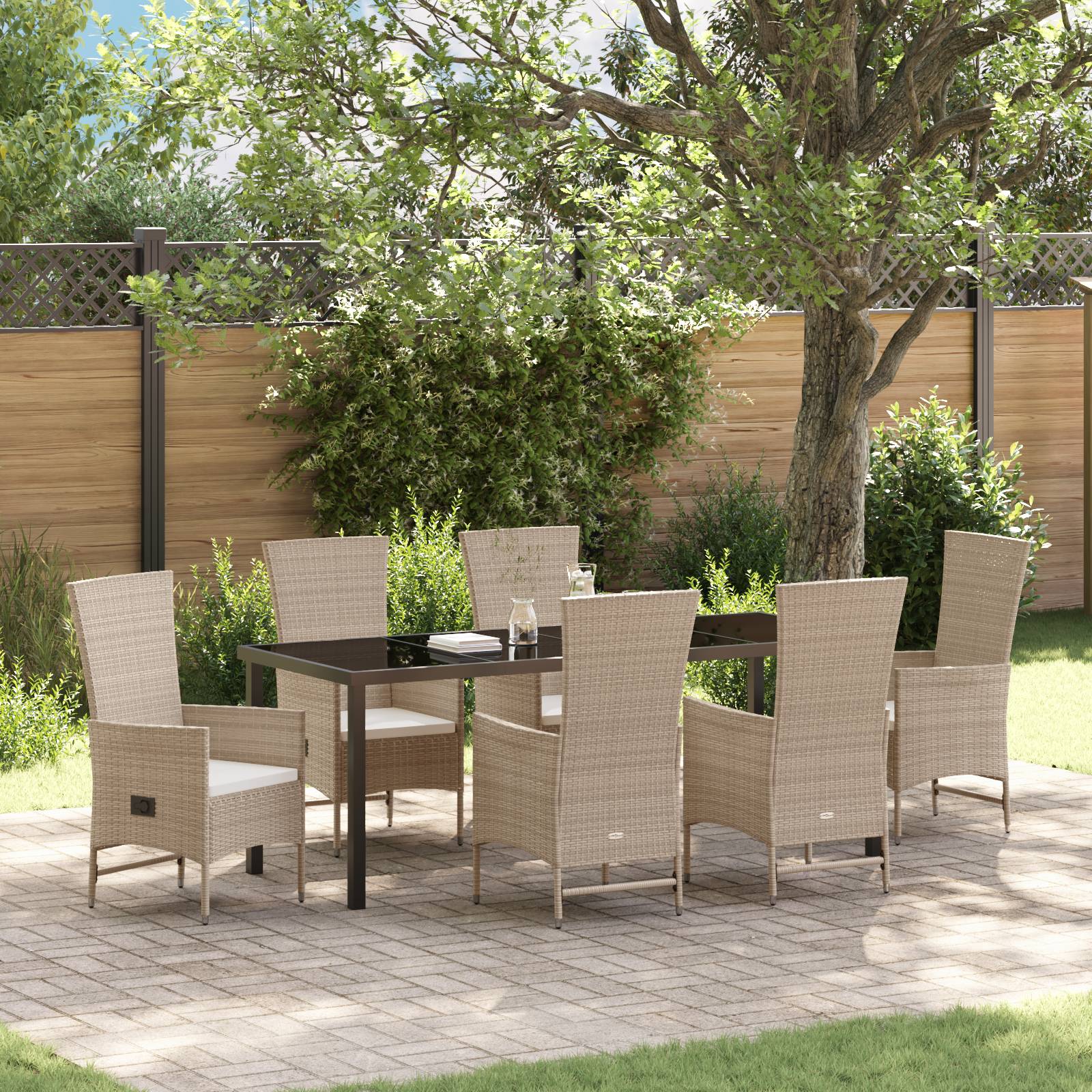 vidaXL 7-teiliges Garten-Essmöbelset mit Kissen - Beiges Poly-Rattan
