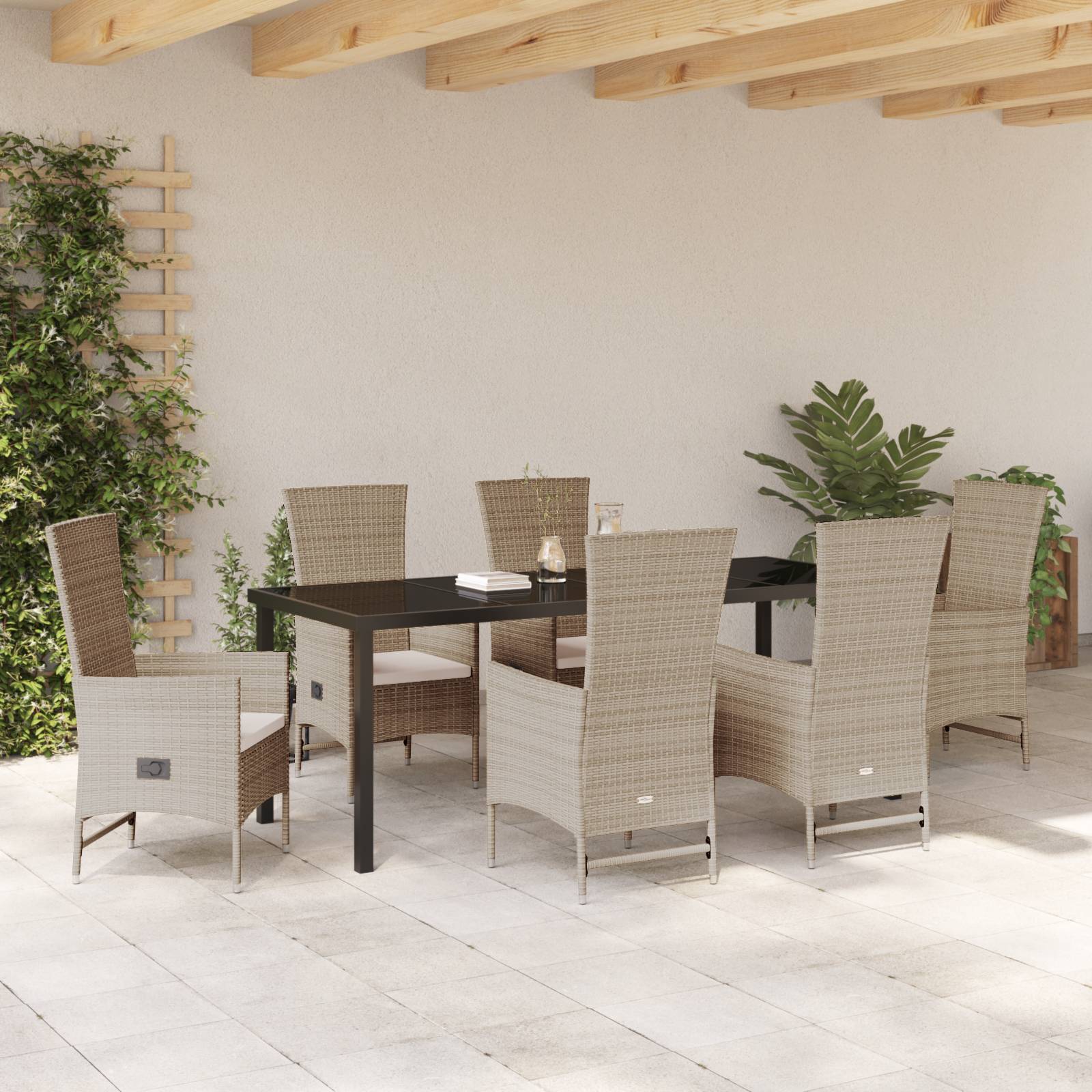 vidaXL 7-teiliges Garten-Essmöbelset mit Kissen - Beiges Poly-Rattan