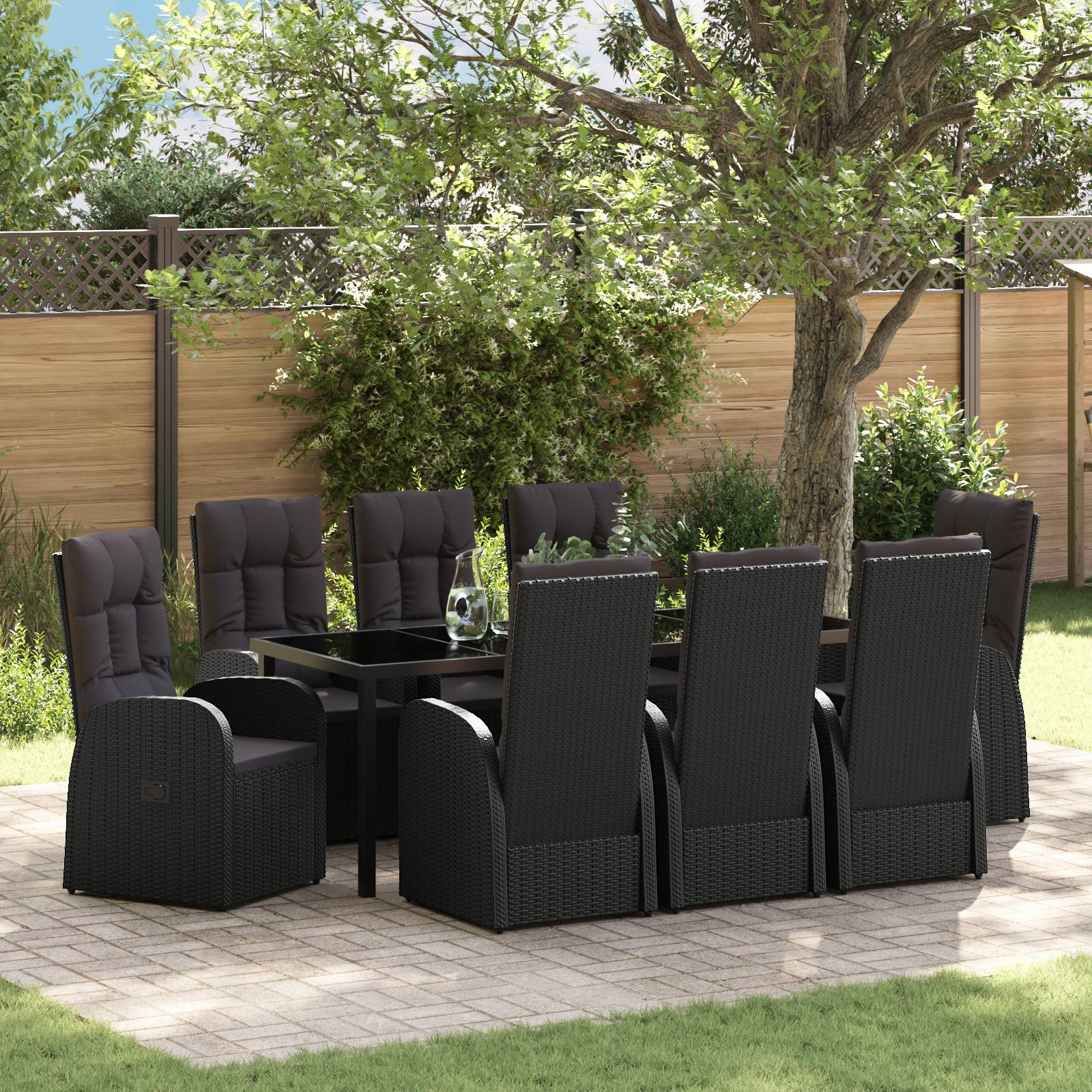 vidaXL 9-teiliges Gartentisch-Set mit Kissen - Schwarz Poly-Rattan