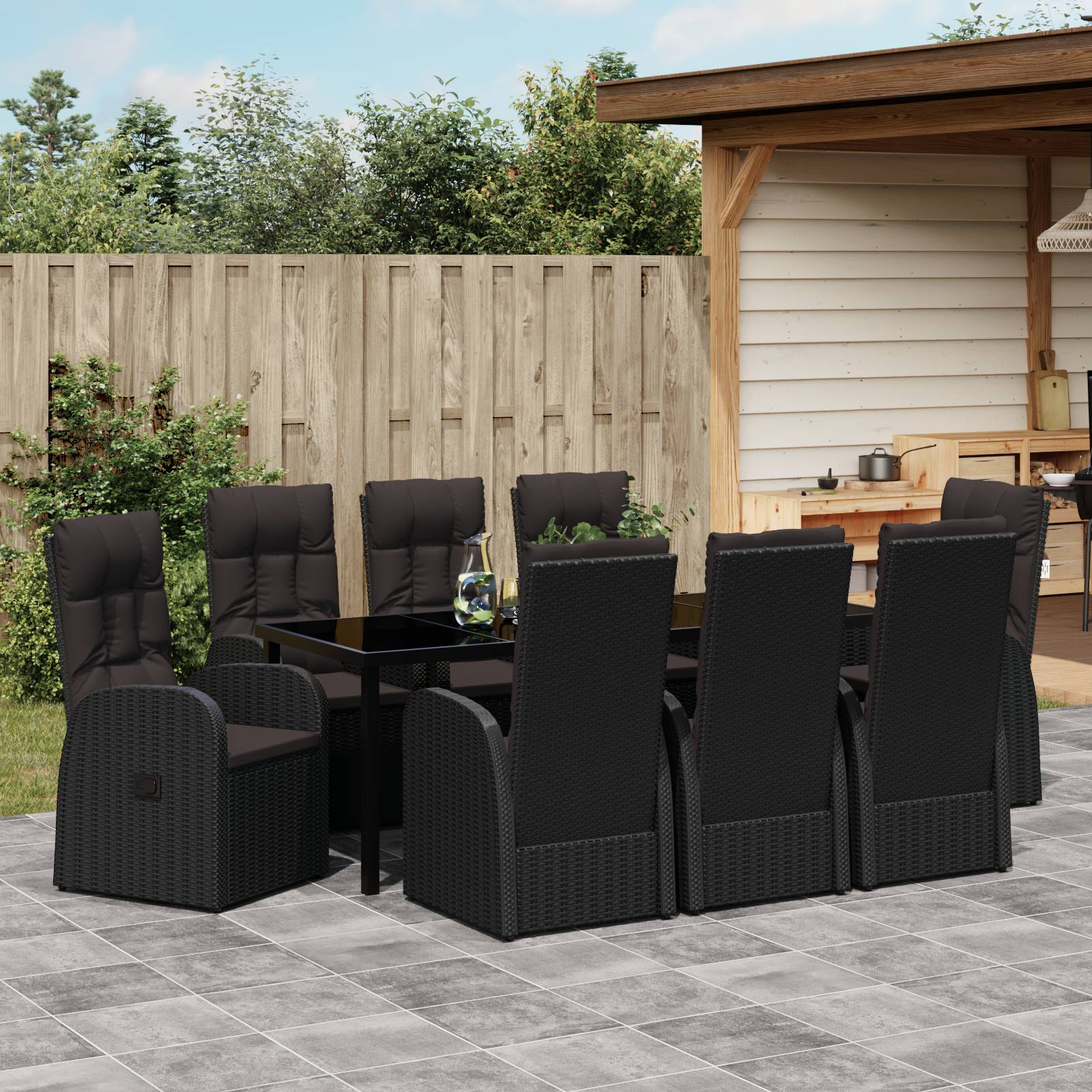 vidaXL 9-teiliges Gartentisch-Set mit Kissen - Schwarz Poly-Rattan