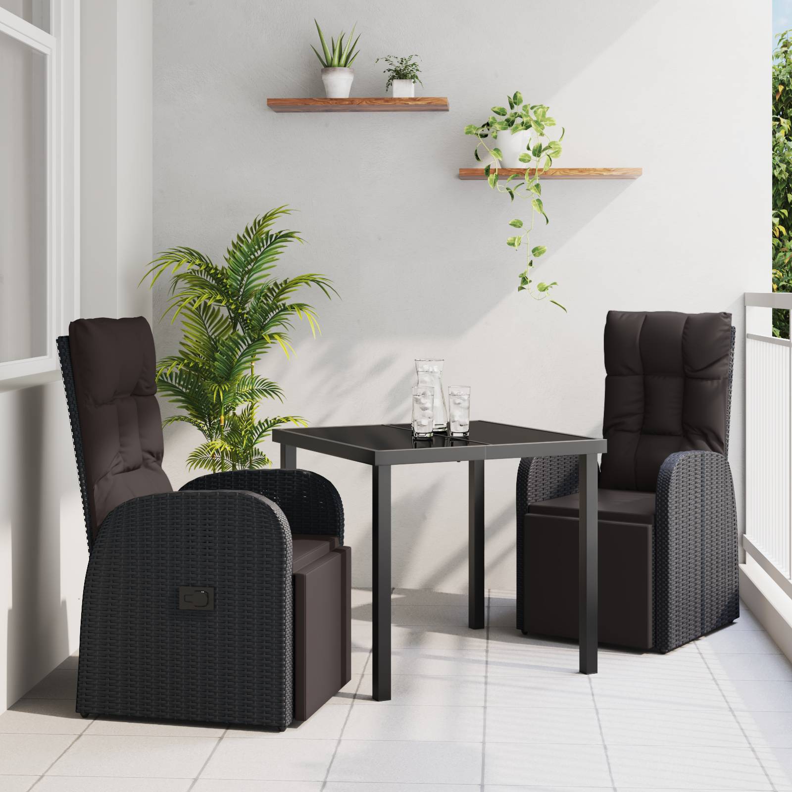 vidaXL 3-teiliges Gartenset mit Kissen aus schwarzem Poly-Rattan