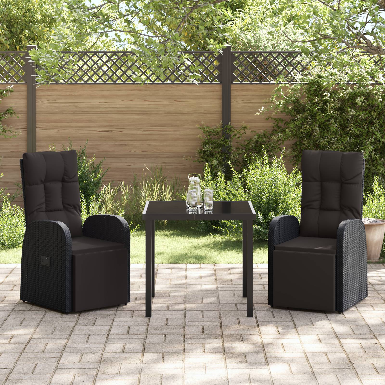 vidaXL 3-teiliges Gartenset mit Kissen aus schwarzem Poly-Rattan