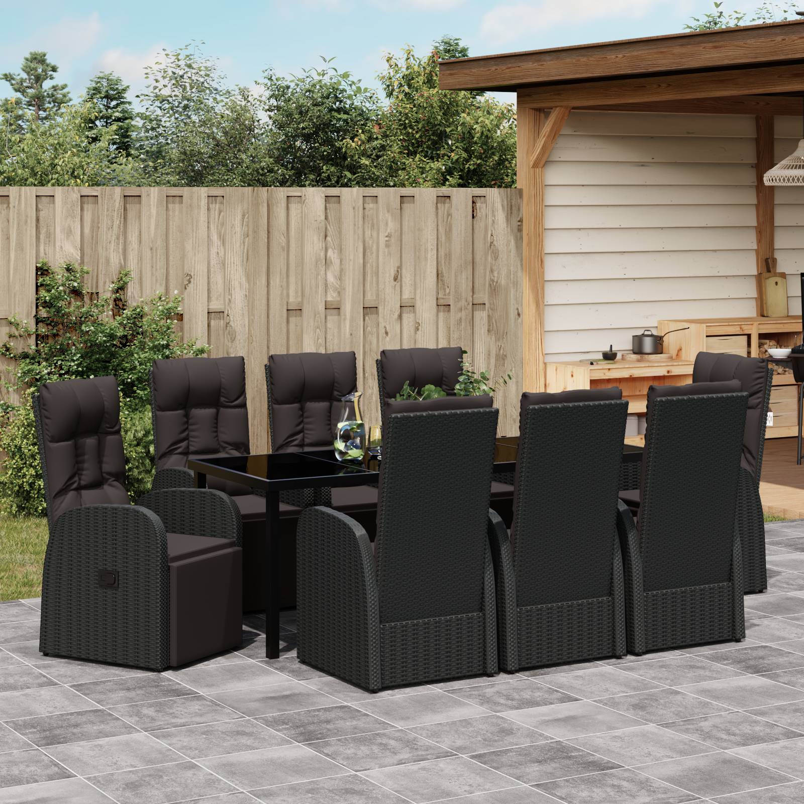 vidaXL 9-teilige Garten-Essgruppe mit Kissen - Schwarzes Poly-Rattan