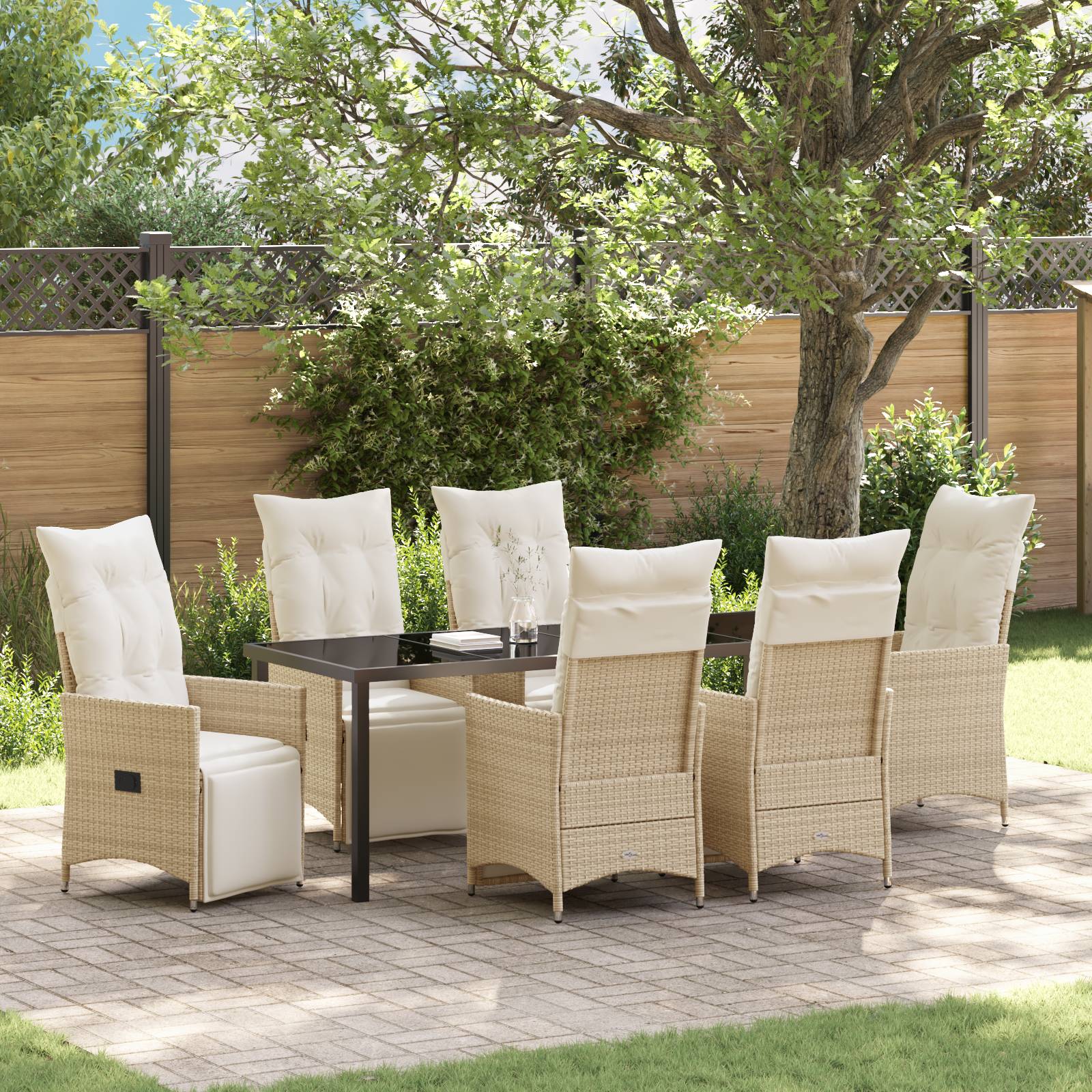 vidaXL 7-teiliges Garten-Dining-Set mit Kissen Beige Poly-Rattan