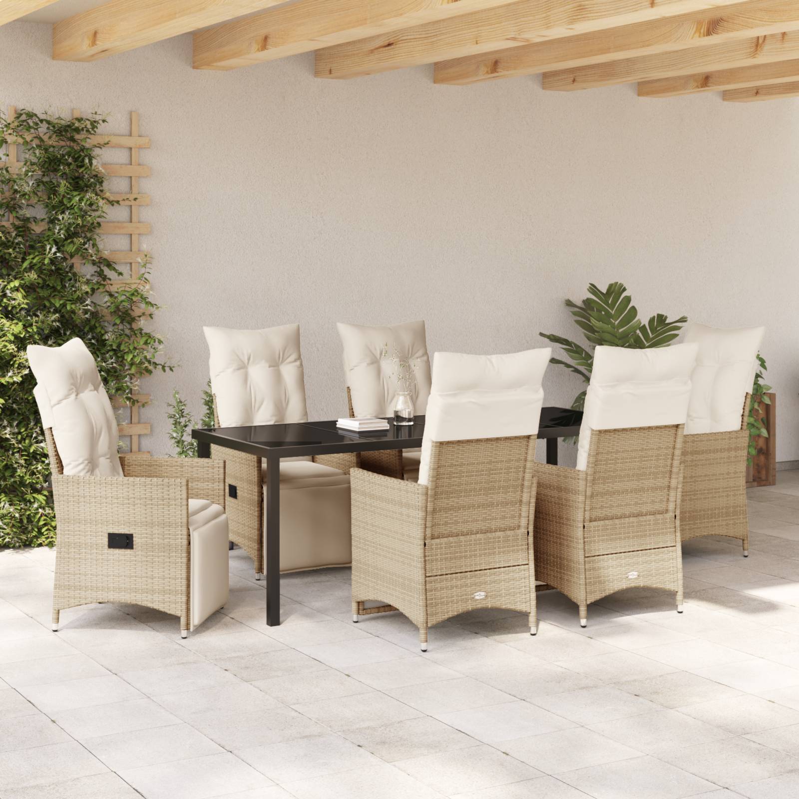 vidaXL 7-teiliges Garten-Dining-Set mit Kissen Beige Poly-Rattan