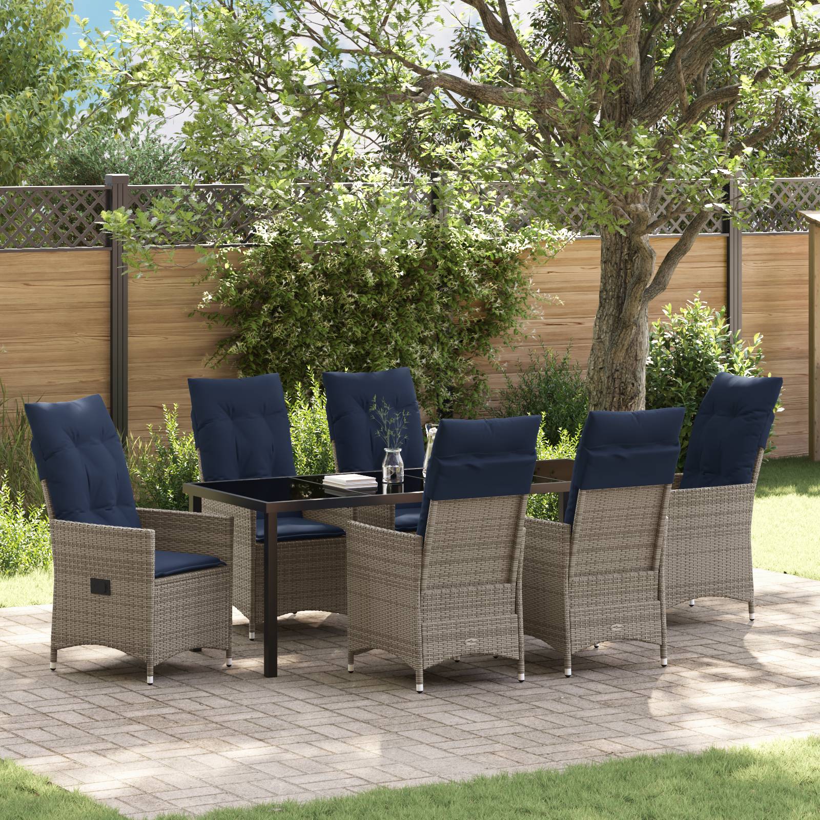 vidaXL 7-teiliges Garten Esstisch Set mit grauen Poly Rattan Kissen