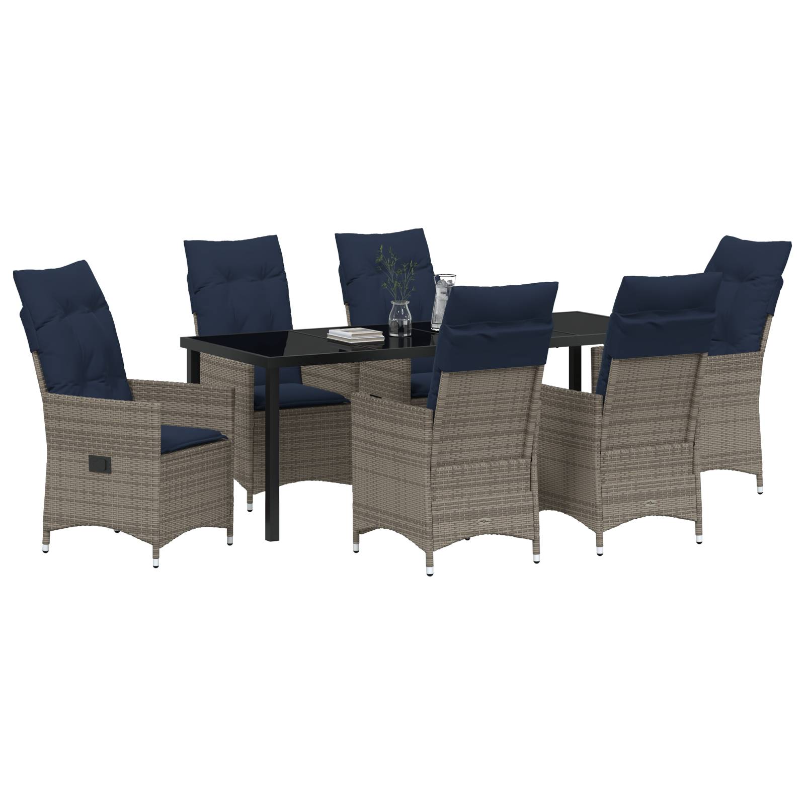 vidaXL 7-teiliges Garten Esstisch Set mit grauen Poly Rattan Kissen